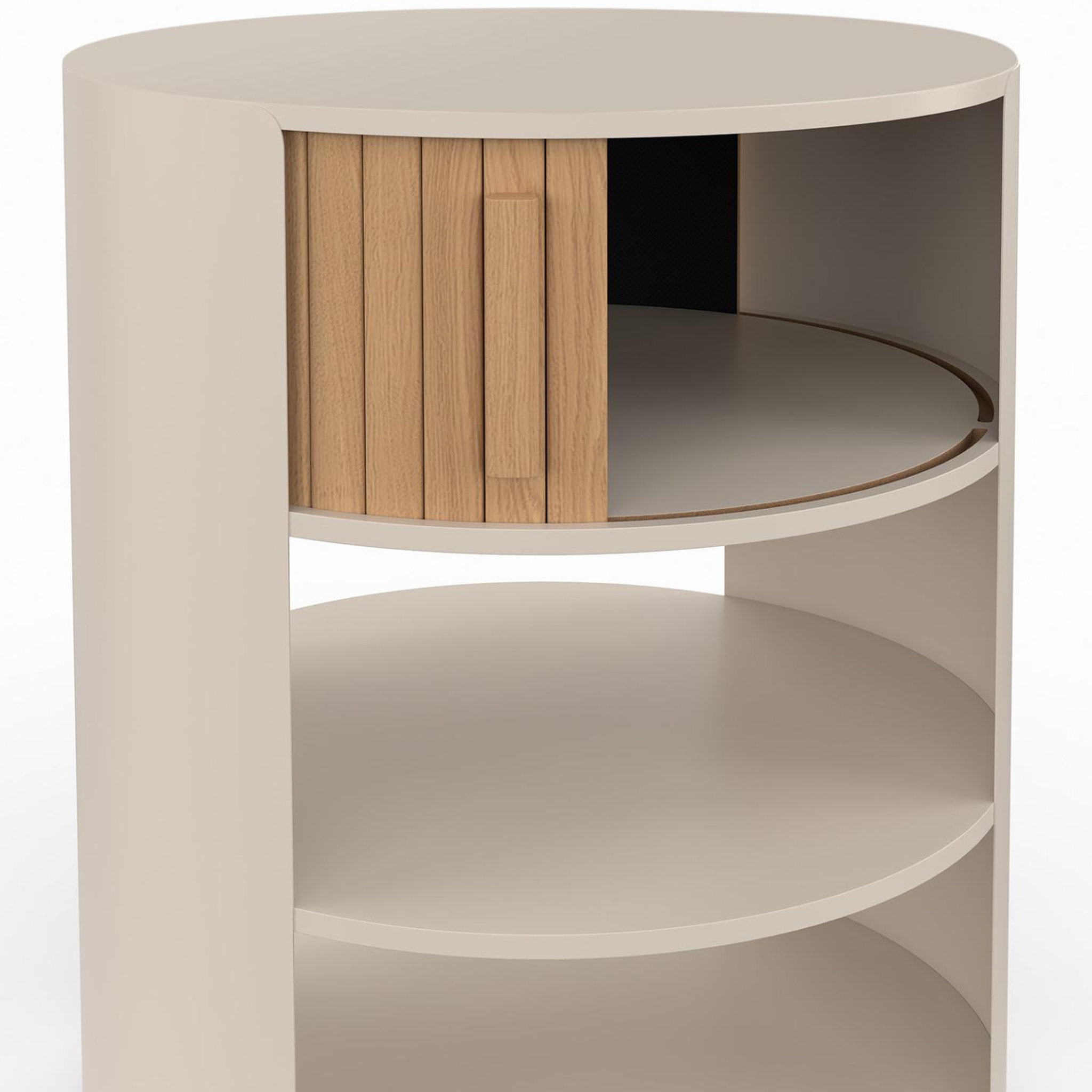 Voir la diapositive 5 : ID MARKET Lot de 2 tables de chevet rondes tono beige avec 1 porte coulissante effet lattes table d'appoint