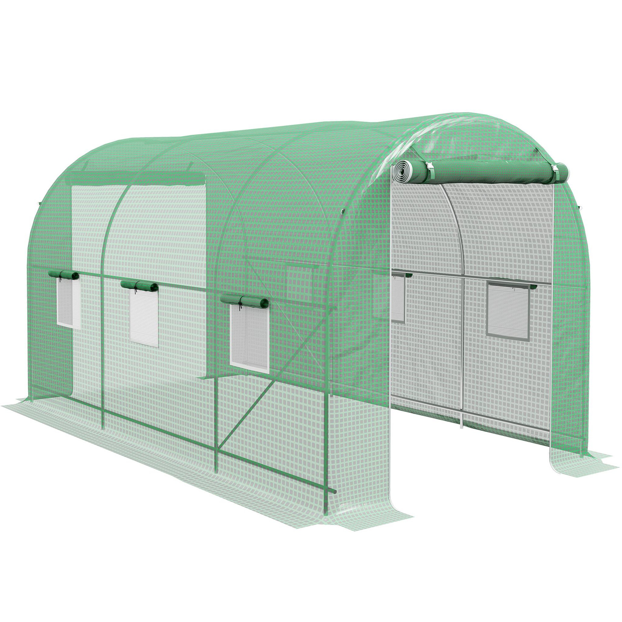 OUTSUNNY Serre de jardin tunnel surface sol 8 m² 4l x 2l x 2,05h m châssis tubulaire renforcé porte zippée 6 fenêtres enroulables vert