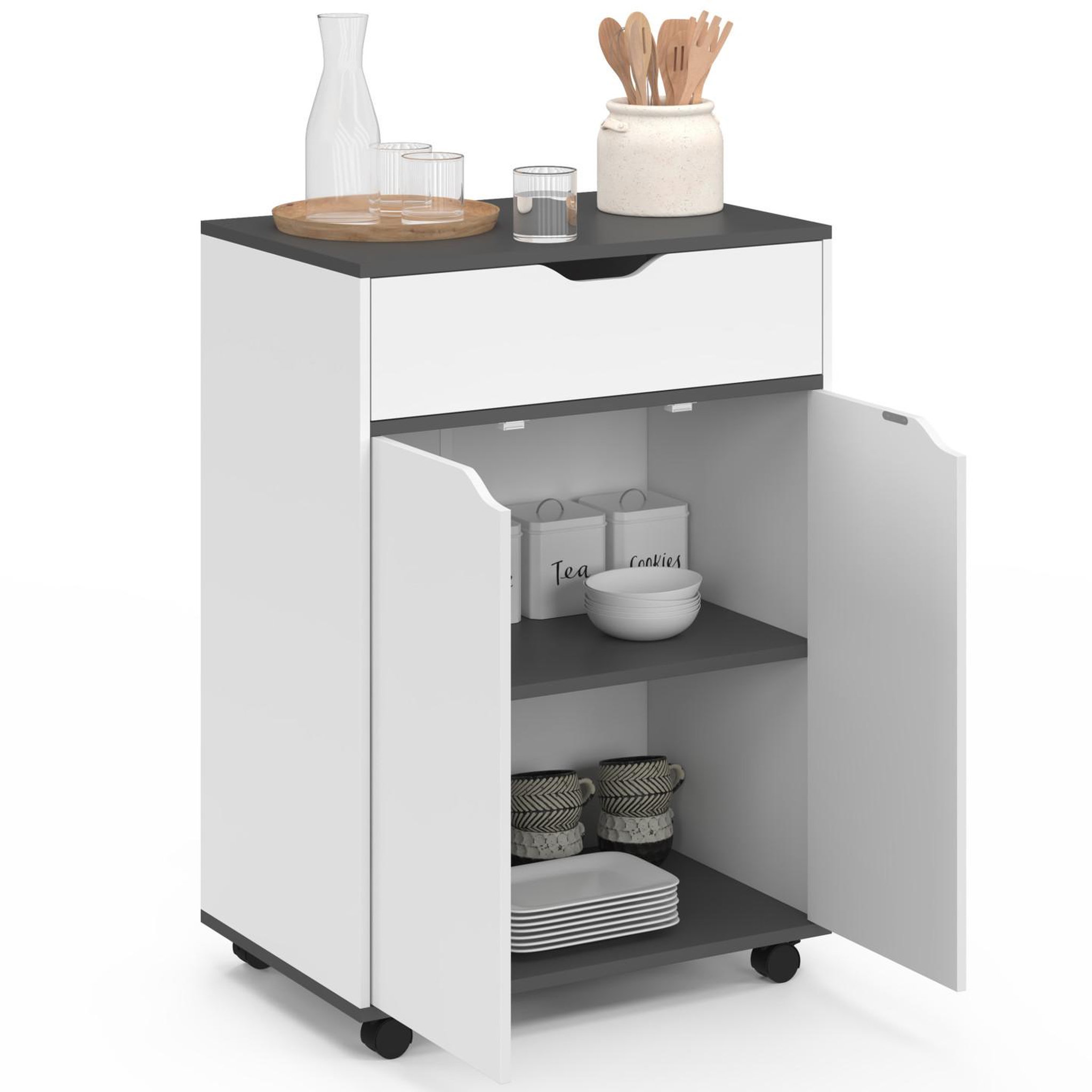 Voir la diapositive 4 : ID MARKET Desserte de cuisine cosy placard avec tiroir bois blanc et plateaux gris l.60 cm