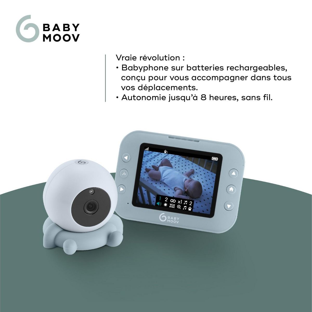 BABYMOOV Babyphone Caméra Sans Fil YOO Roll Babymoov - Batteries Rechargeables - Berceuses - Portée 300m