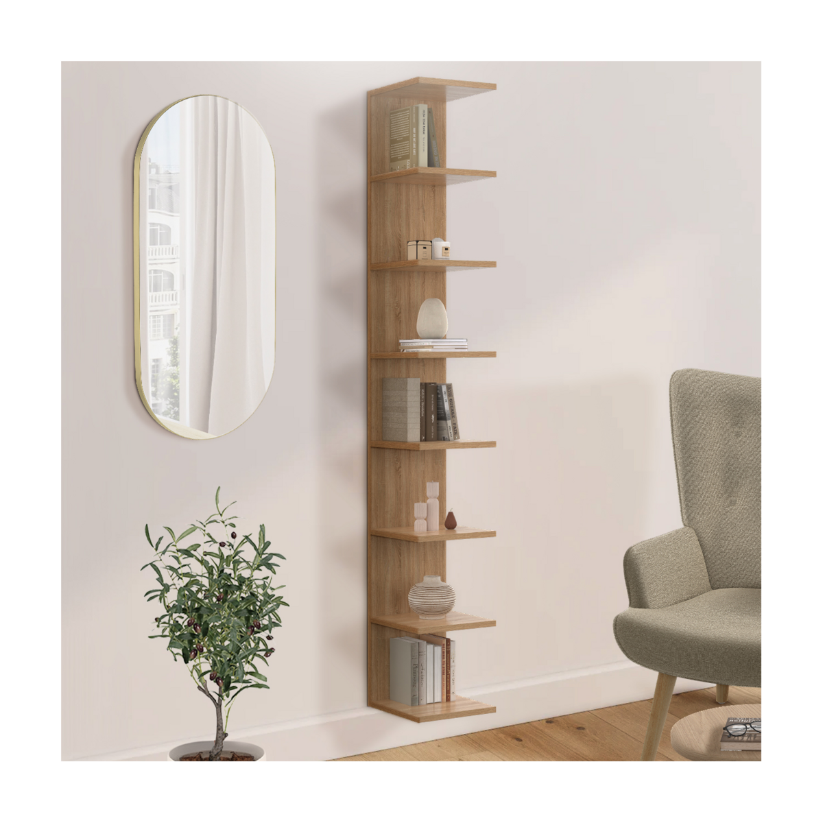 ID MARKET Etagère murale suspendue double position CHIARA 8 étagères façon hêtre 190 cm