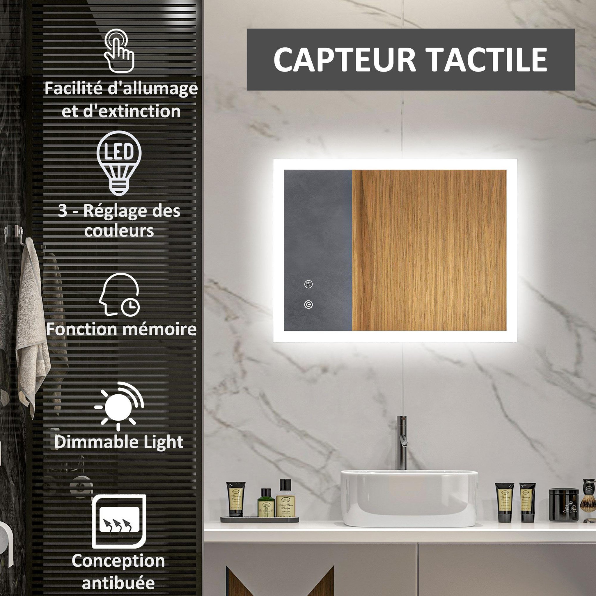 Voir la diapositive 4 : KLEANKIN Miroir mural lumineux led de salle de bain - 80 x 60 cm - avec 3 couleurs, luminosité réglable interrupteur tactile système antibuée transparent