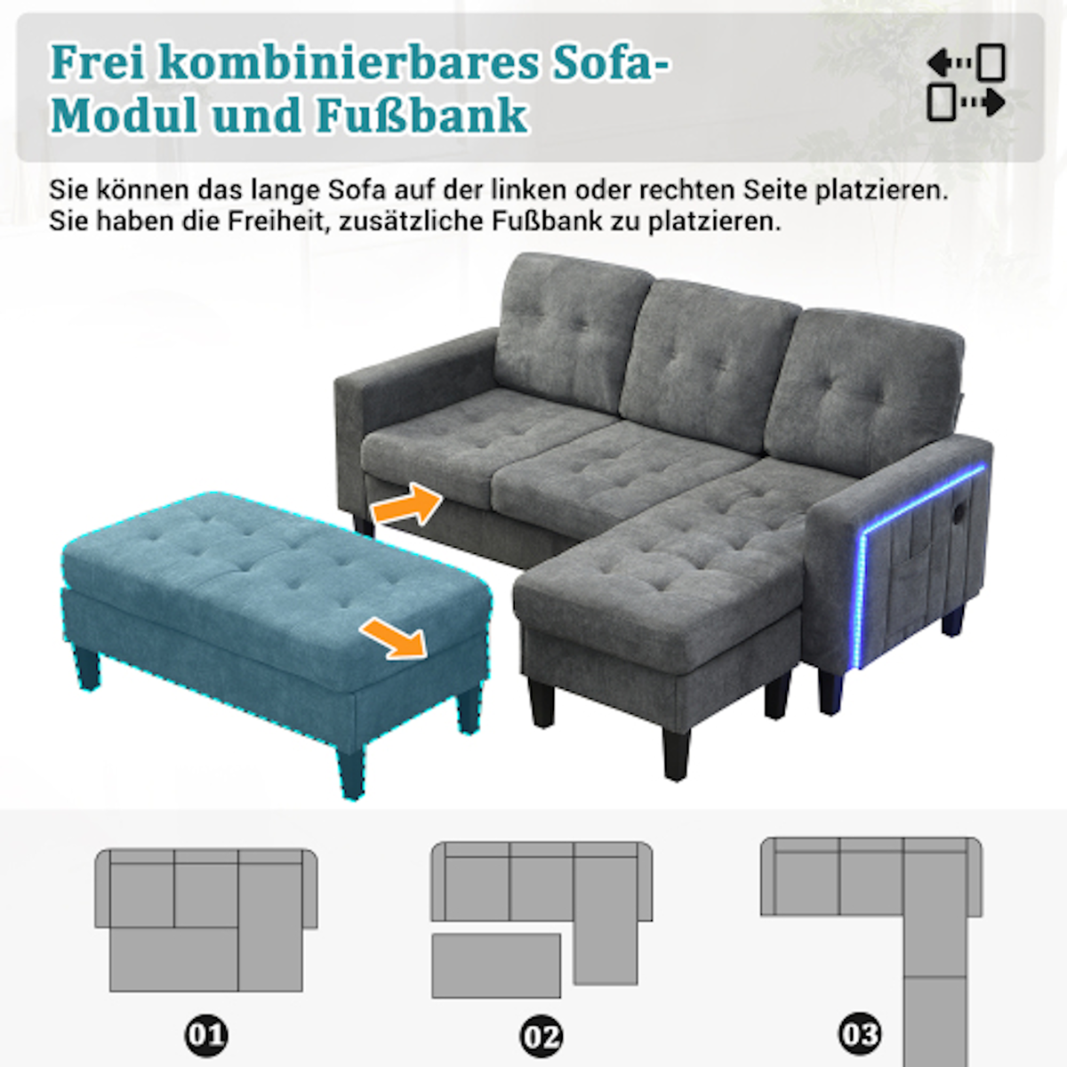 MERAX Canapé d'angle droit fixe 3 places tissu led