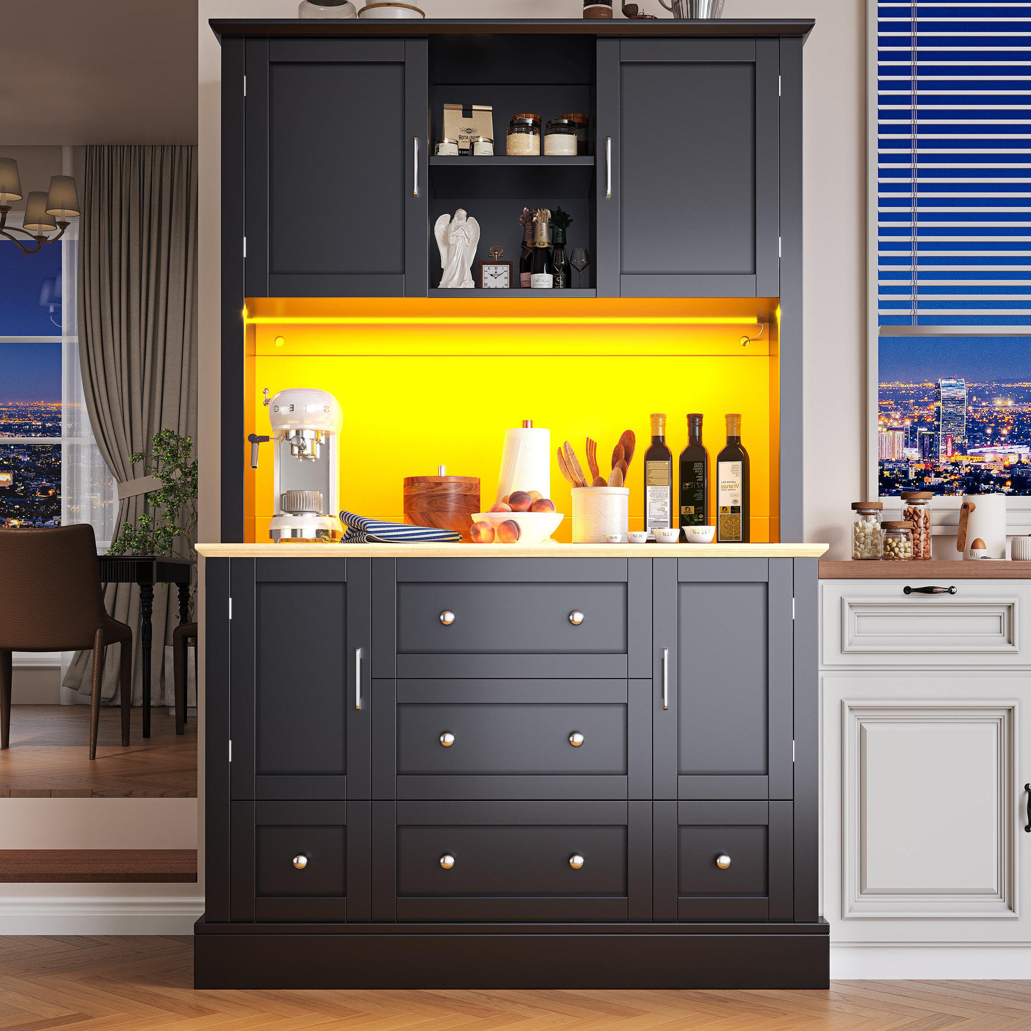 Voir la diapositive 2 : MERAX Buffet de cuisine 4 portes 3 tiroirs - 115 cm noir led mdf