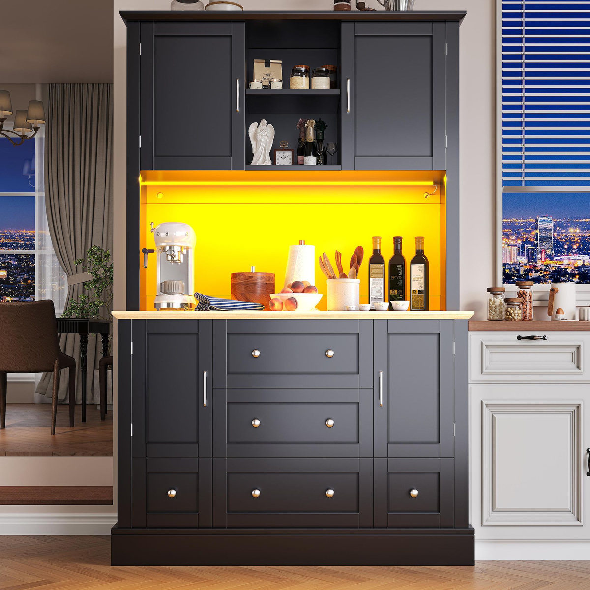 MERAX Buffet de cuisine 4 portes 3 tiroirs - 115 cm noir led mdf