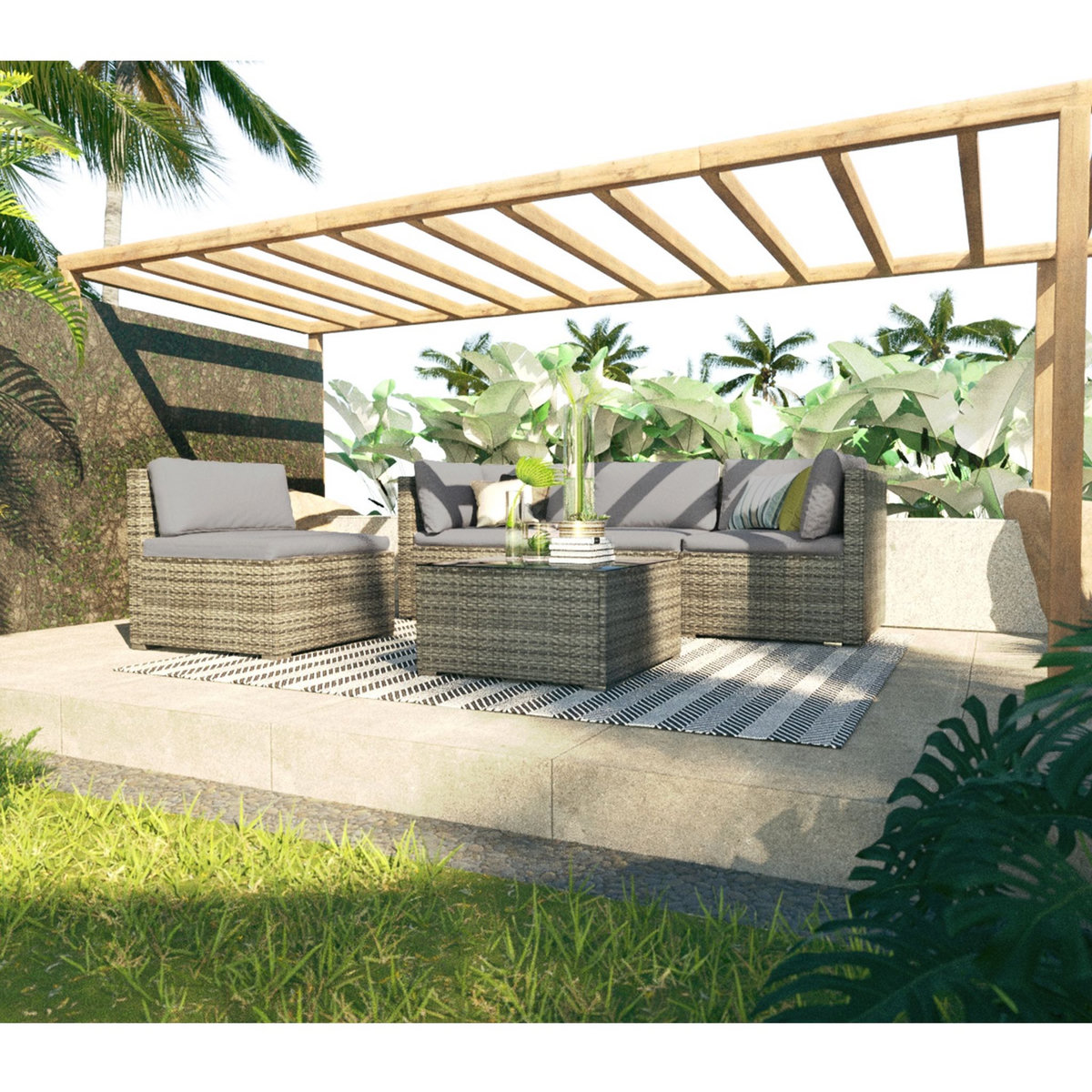 Beau rivage Salon bas de jardin d'angle - Résine tressée - Grise - STELLA