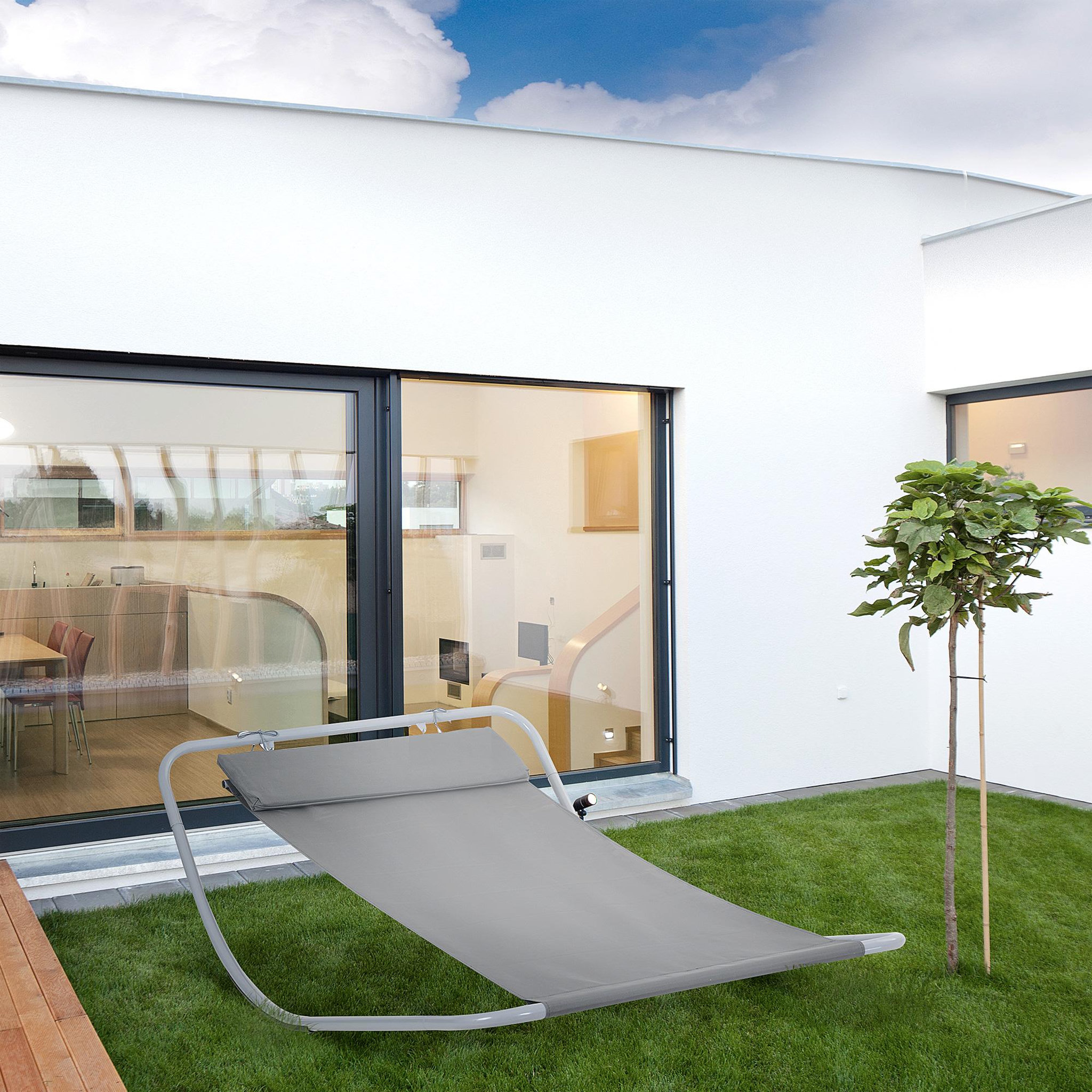 Voir la diapositive 2 : HOMCOM Bain de soleil transat de jardin bascule hamac 212L x 130l x 60H cm gris