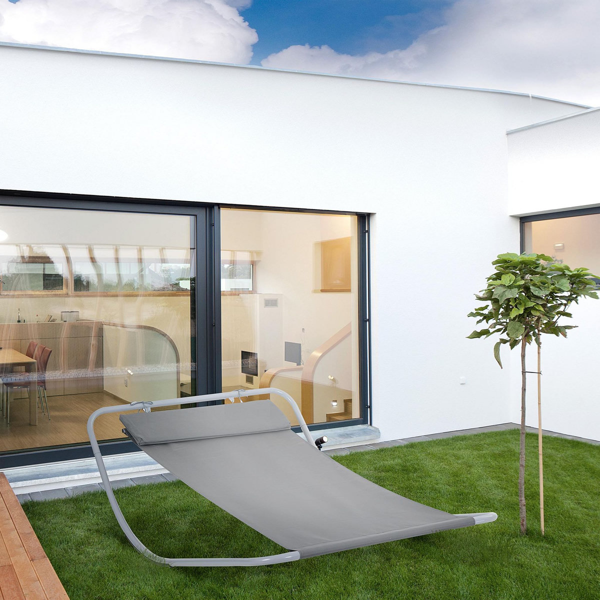 HOMCOM Bain de soleil transat de jardin bascule hamac 212L x 130l x 60H cm gris