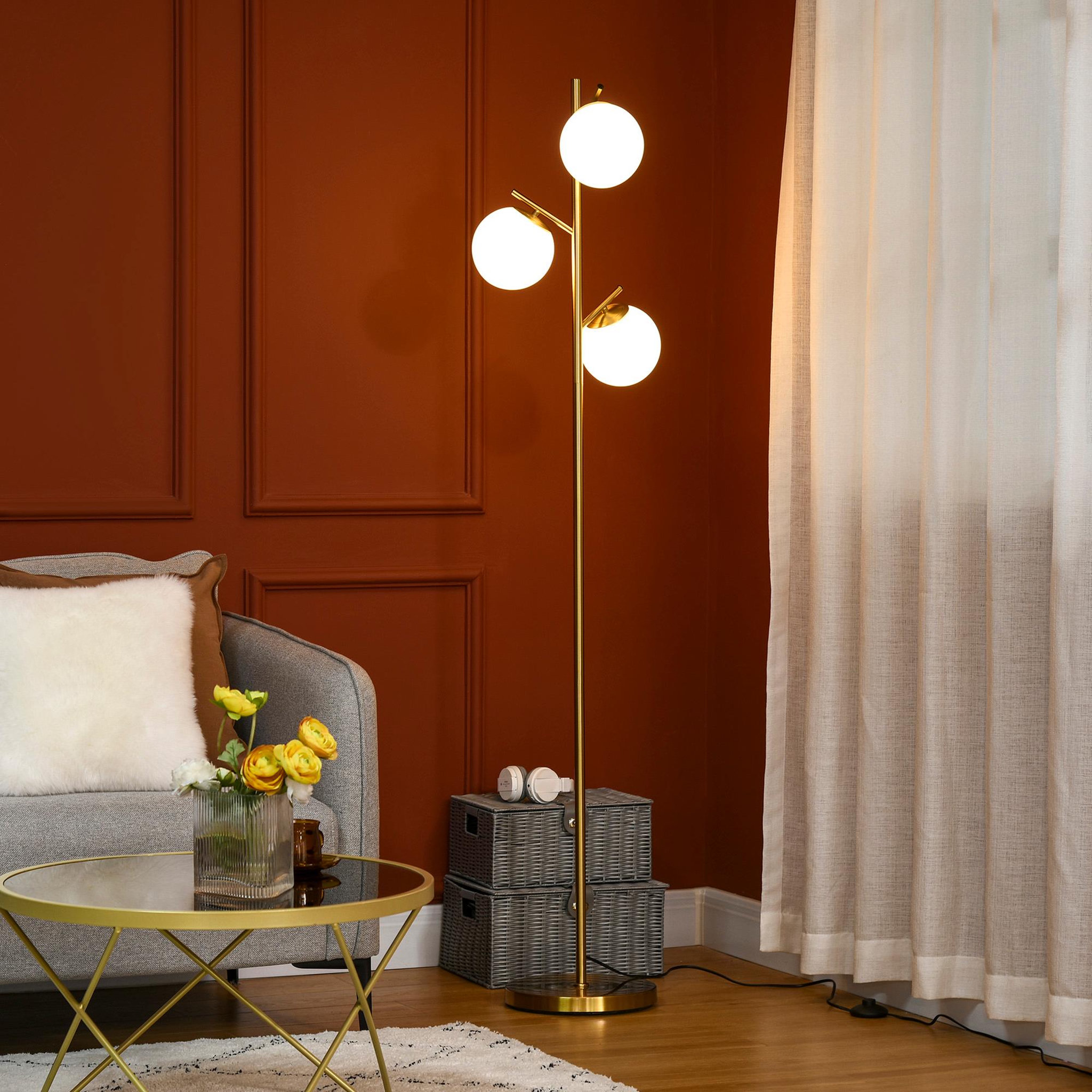 Voir la diapositive 2 : HOMCOM Lampadaire globe design néo-rétro 3 ampoules max. 40 w 169h cm métal doré