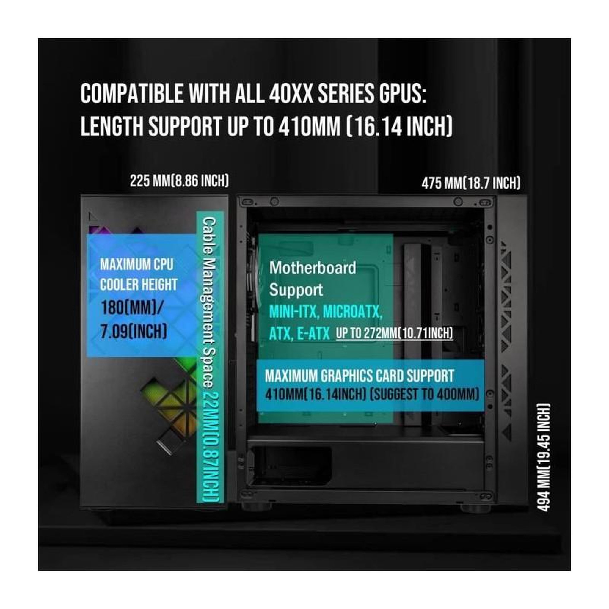 Voir la diapositive 4 : BitFenix Boitier PC sans alimentation - BITFENIX Tracery ARGB (Noir) - Moyen tour - Format E-ATX