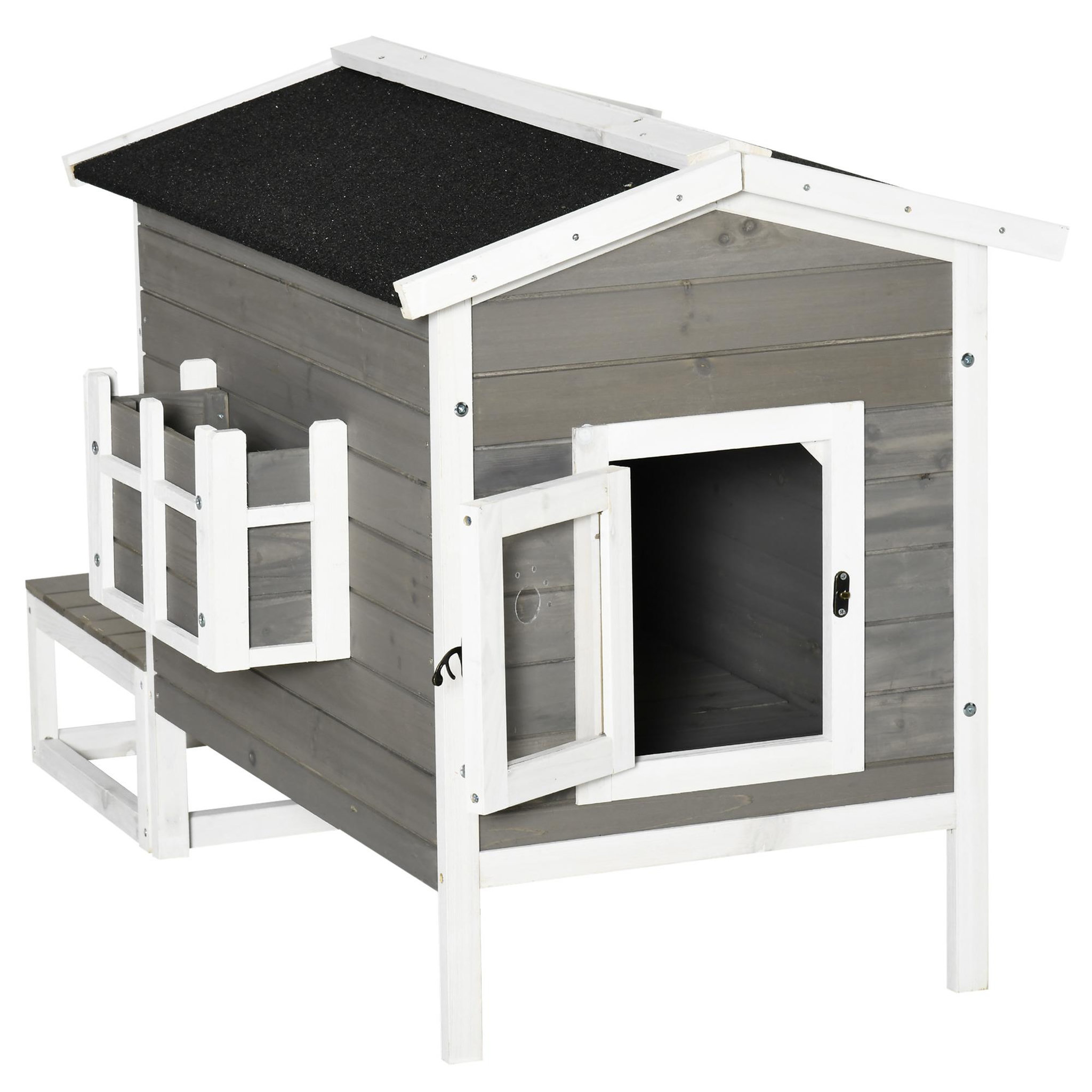 Voir la diapositive 4 : PAWHUT Maison lodge sur pied - niche villa chat petit chien - terrasse, toit bitumé, jardinière, 2 portes - bois sapin pré-huilé peint