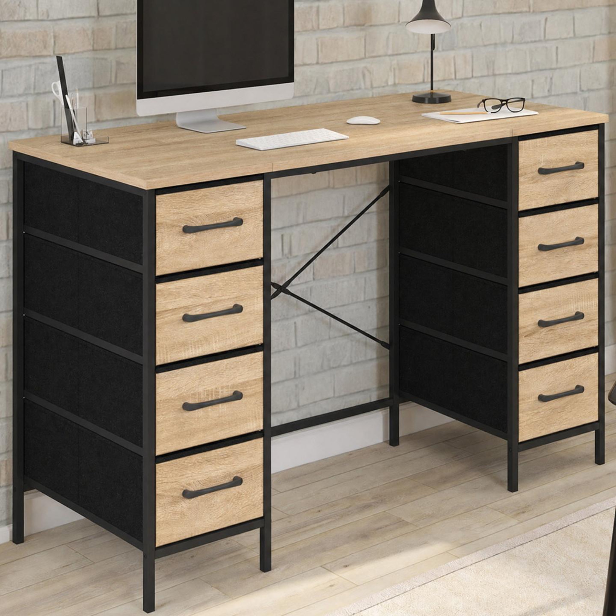 Voir la diapositive 2 : ID MARKET Bureau 8 tiroirs en tissu 120x45 cm utah bois et noir design industriel