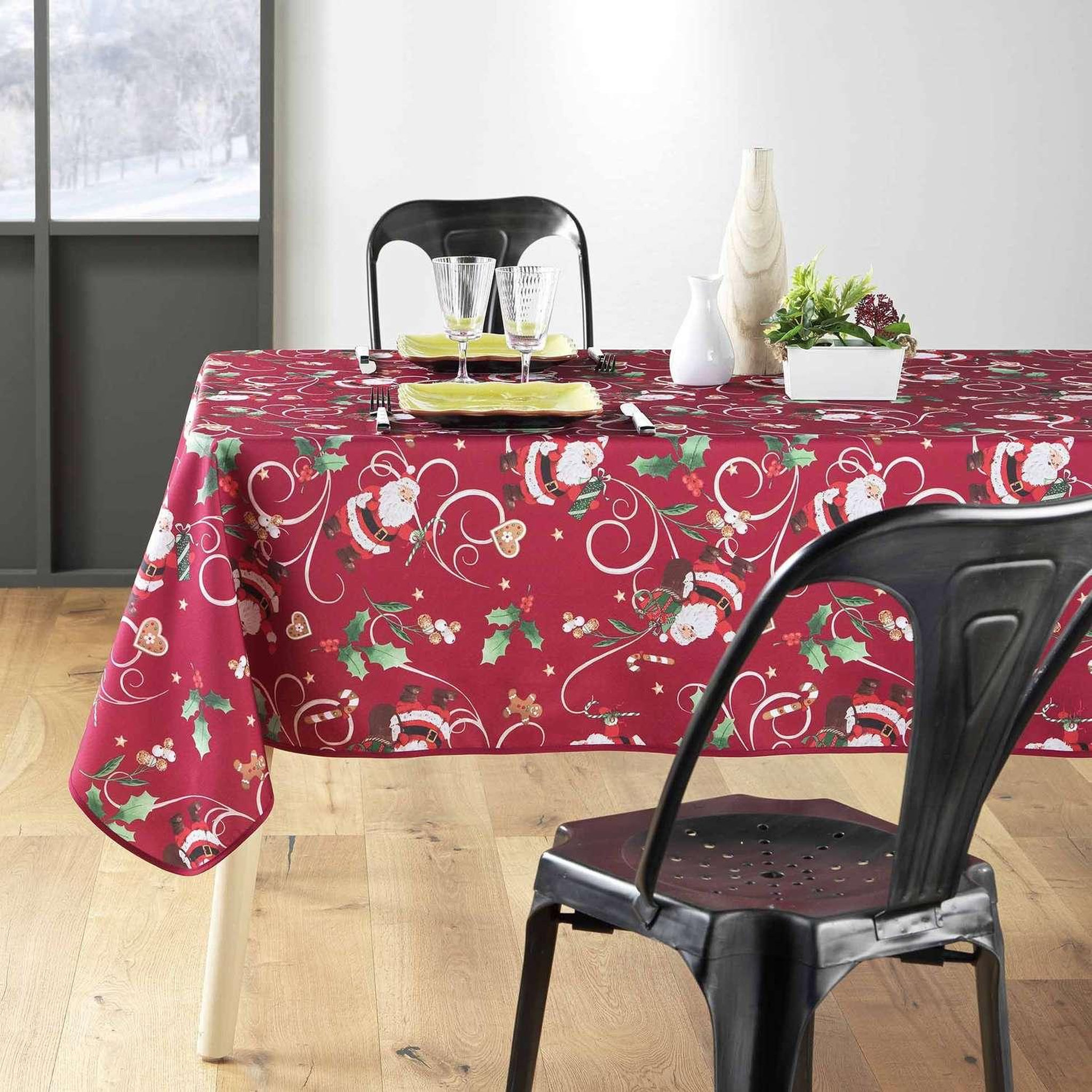 Voir la diapositive 4 : Douceur d'Intérieur Nappe rectangulaire antitache et infroissable imprimé Père Noël - L. 150 x l. 240 cm - Rouge