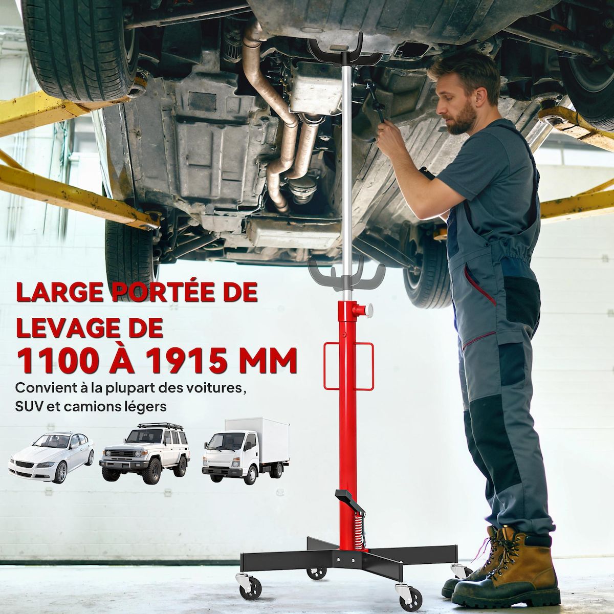 HOMCOM Vérin de fosse hydraulique acier 500 Kg hauteur réglable 110–191,5 cm 4 roues pivotantes rouge noir