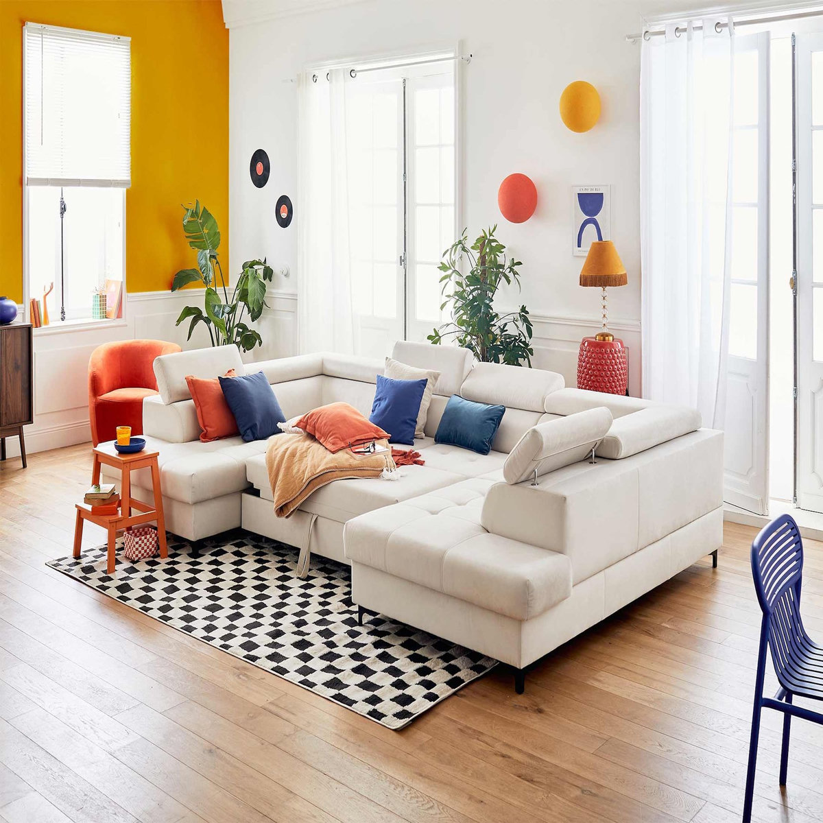 LISA DESIGN Merida - canapé panoramique en u - 7 places - convertible avec coffres et têtières réglables - en velours