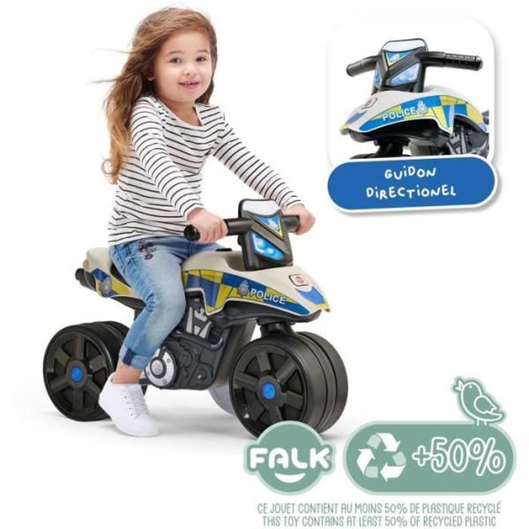 Voir la diapositive 2 : FALK Draisienne Velo  Moto Police - FALK - Larges roues et Guidon directionnel - Fabriqué en France - 40% de plastique recyclé - Des 2 an