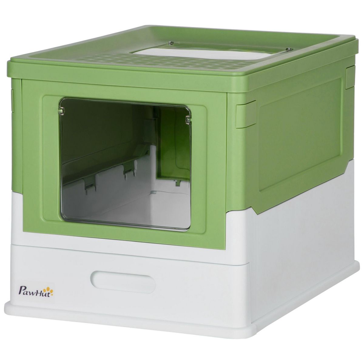 PAWHUT Maison de toilette pliable pour chat - tiroir à litière coulissant, porte battante et trappe transparente, pelle - blanc vert