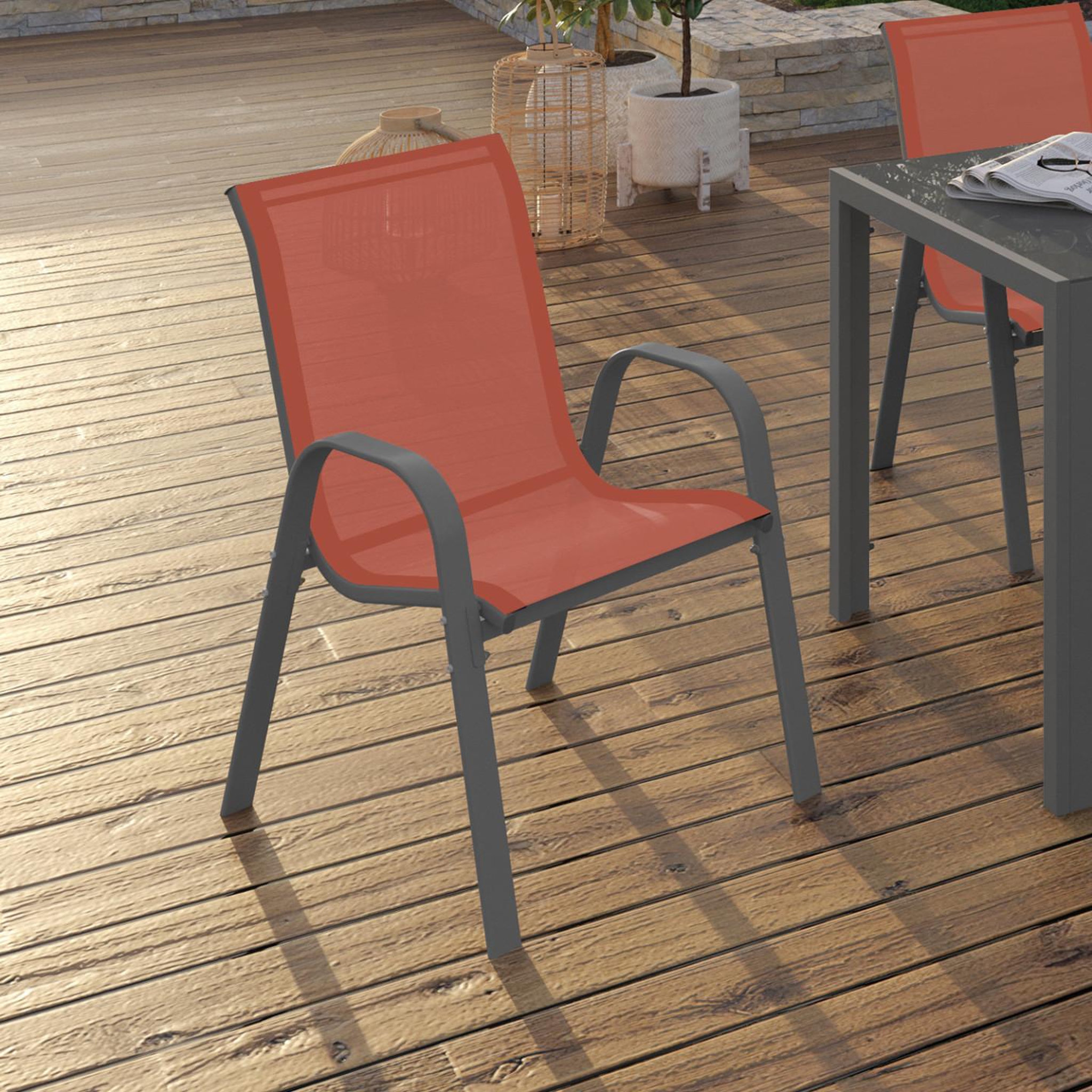 Voir la diapositive 2 : ID MARKET Lot de 6 chaises de jardin lyma métal et textilène empilables terracotta et gris