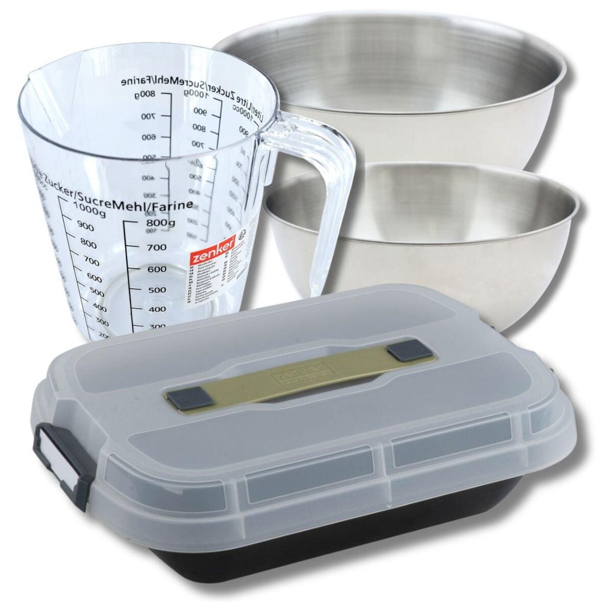 ZENKER Set pâtisserie moule à gâteaux 34 x 24 cm avec couvercle, 2 bols à mixer, verre mesureur et spatule Zenker