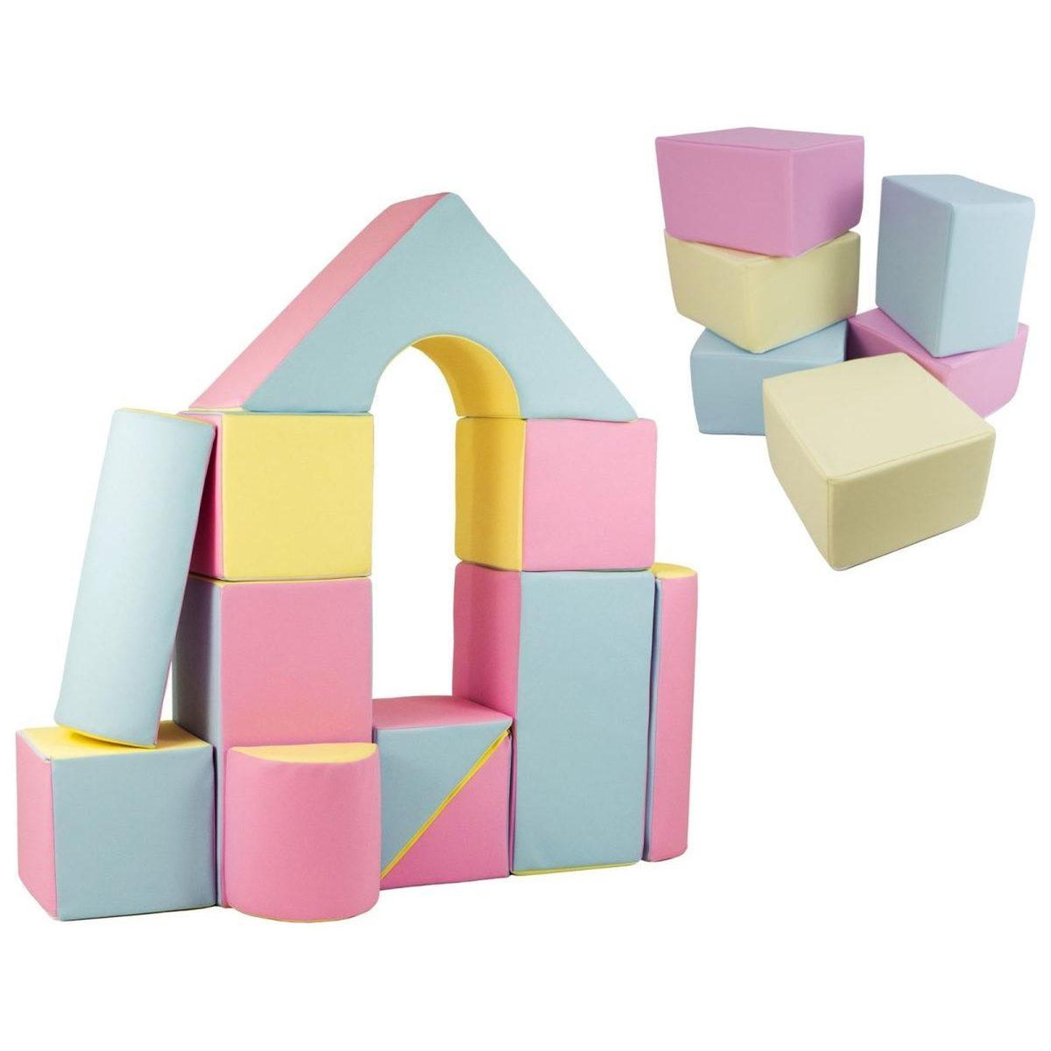 VELINDA Ensemble château + cubes (17 grands blocs de mousse) — rose, bleu, jaune (pastel)