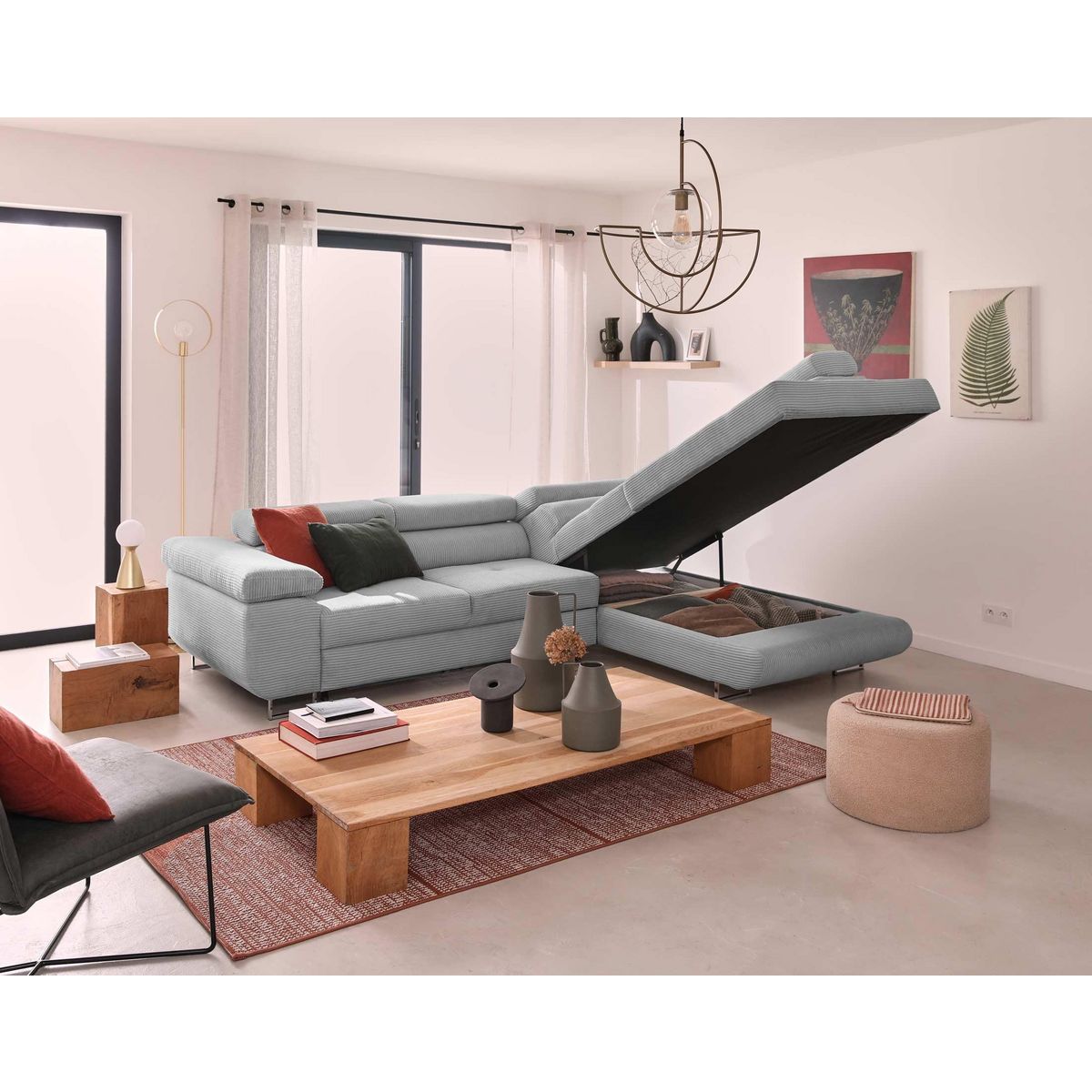 BEST MOBILIER Zaria - canapé d'angle droit - convertible avec coffre et têtières réglables - 5 places - en velours côtelé