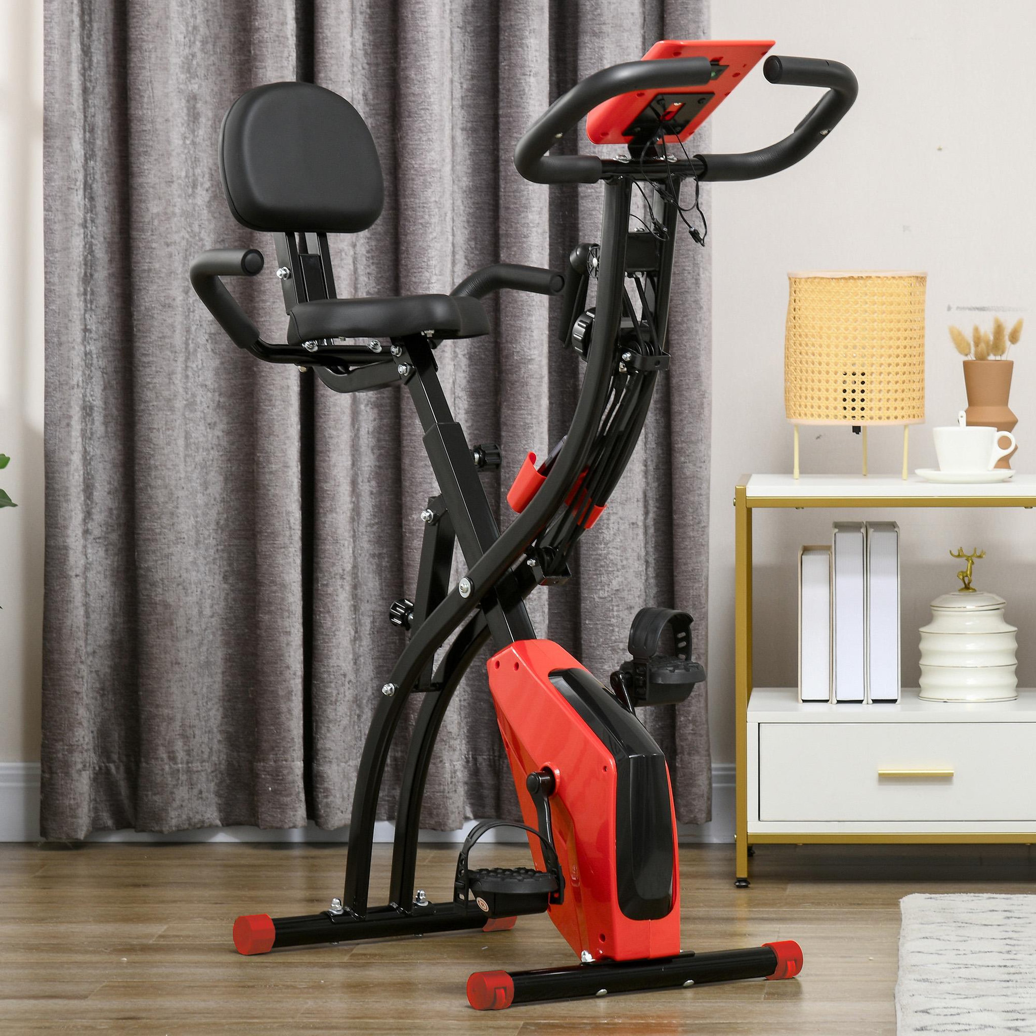 Voir la diapositive 2 : HOMCOM Vélo d'appartement pliant 8 niveaux de résistance magnétique dossier selle réglable poignées ergonomiques écran LCD multifonction suspensions support tablette acier