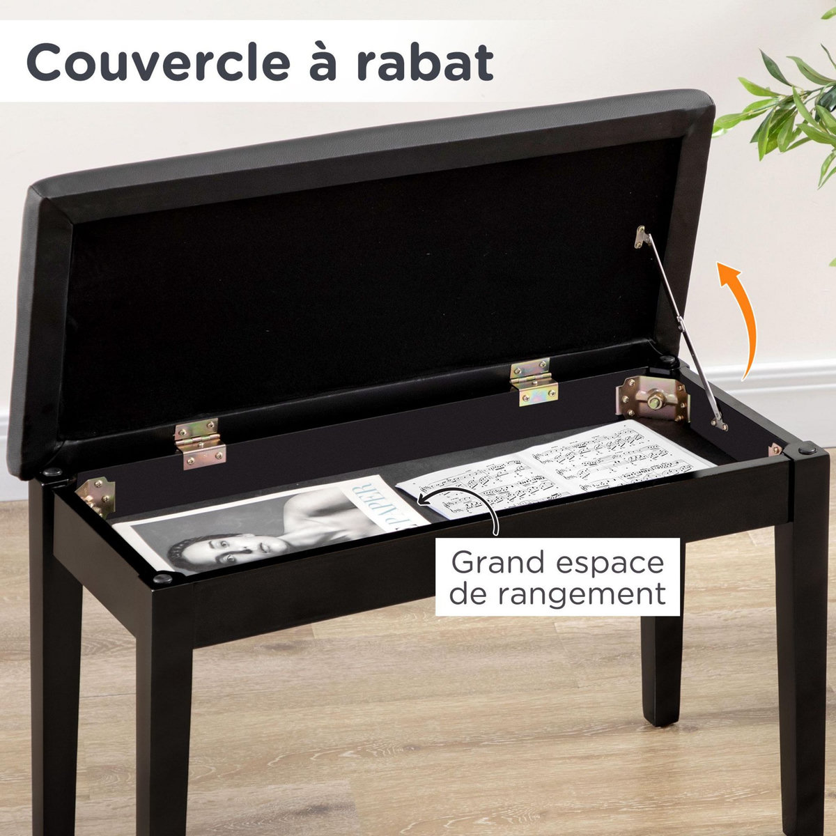 HOMCOM Banquette tabouret siège pour piano avec coffre de rangement pied bois hévéa revêtement synthétique noir