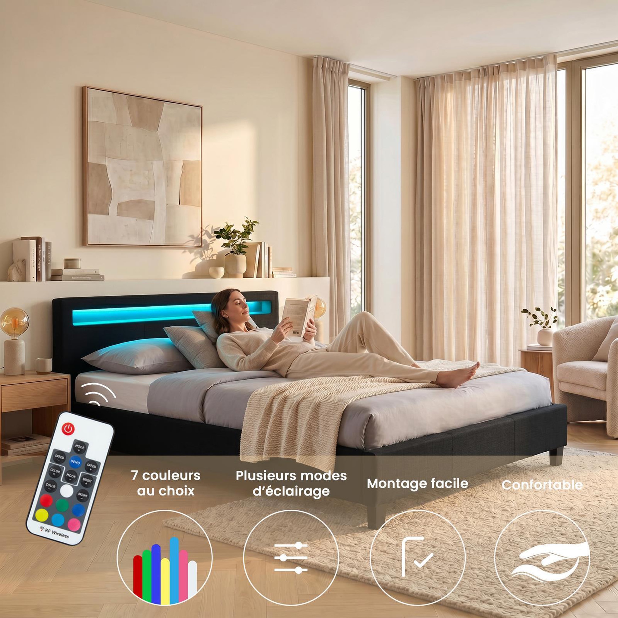 Voir la diapositive 3 : IDIMEX Lit LED double RIOJA 140x190 cm, avec sommier, revêtement tissu