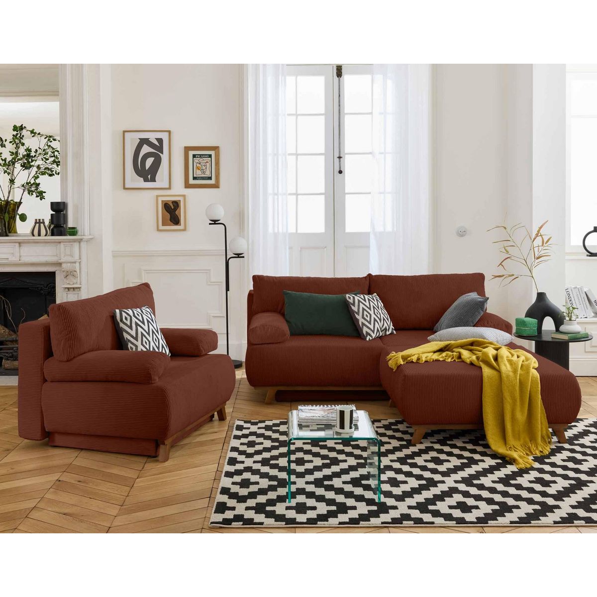 BEST MOBILIER Cristal - canapé 3 places - convertible avec coffre et grand pouf - en velours côtelé