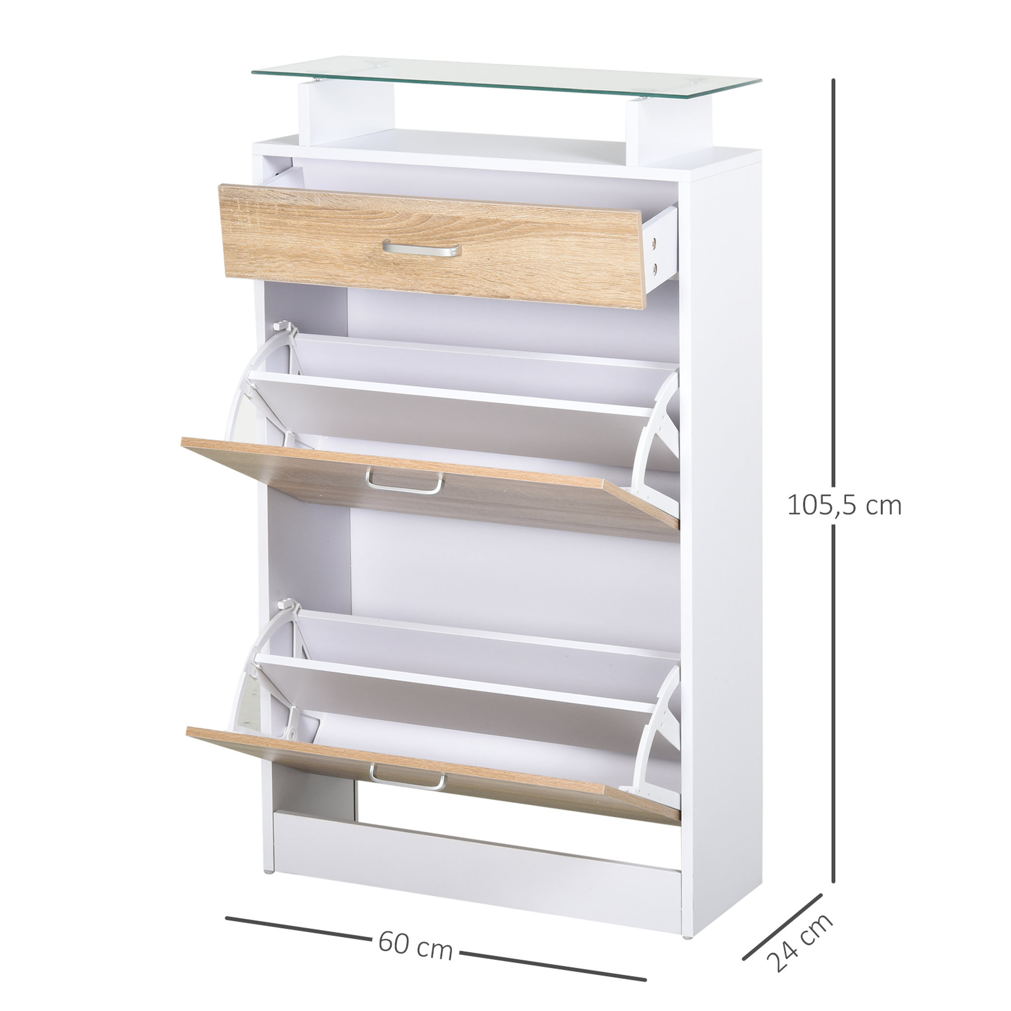 Voir la diapositive 3 : HOMCOM Armoire à chaussures organisateur de luxe pour chaussures 2 portes abattantes 2 compartiments, tiroir, étagère verre panneaux particules chêne blanc