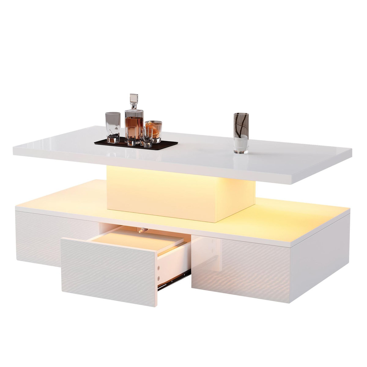 MERAX Table basse rectangulaire blanc avec 1 tiroir - 50x100 cm led panneau de particules