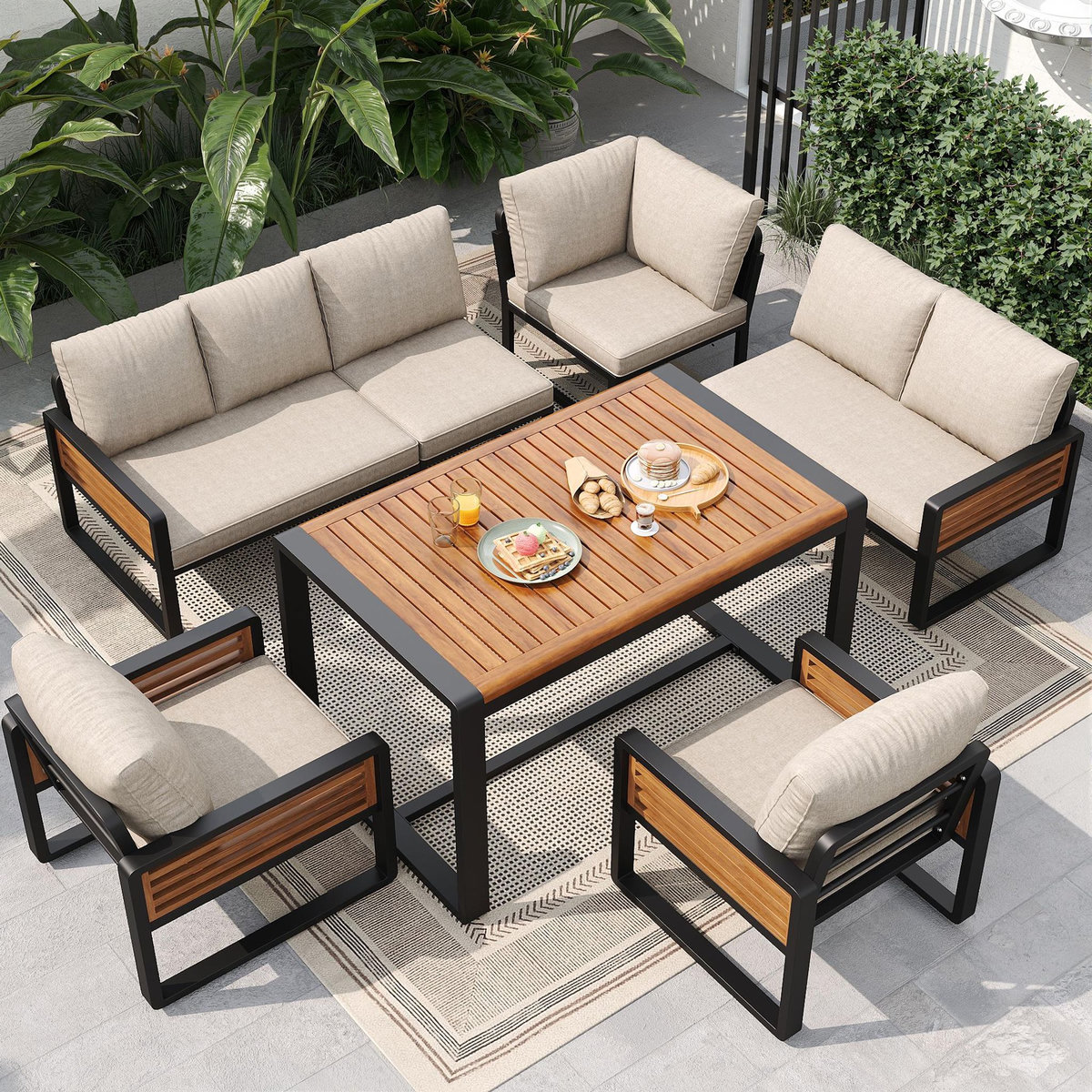 MERAX Salon de jardin repas 8 places en métal et bois massif avec canapé, table à manger, coussins