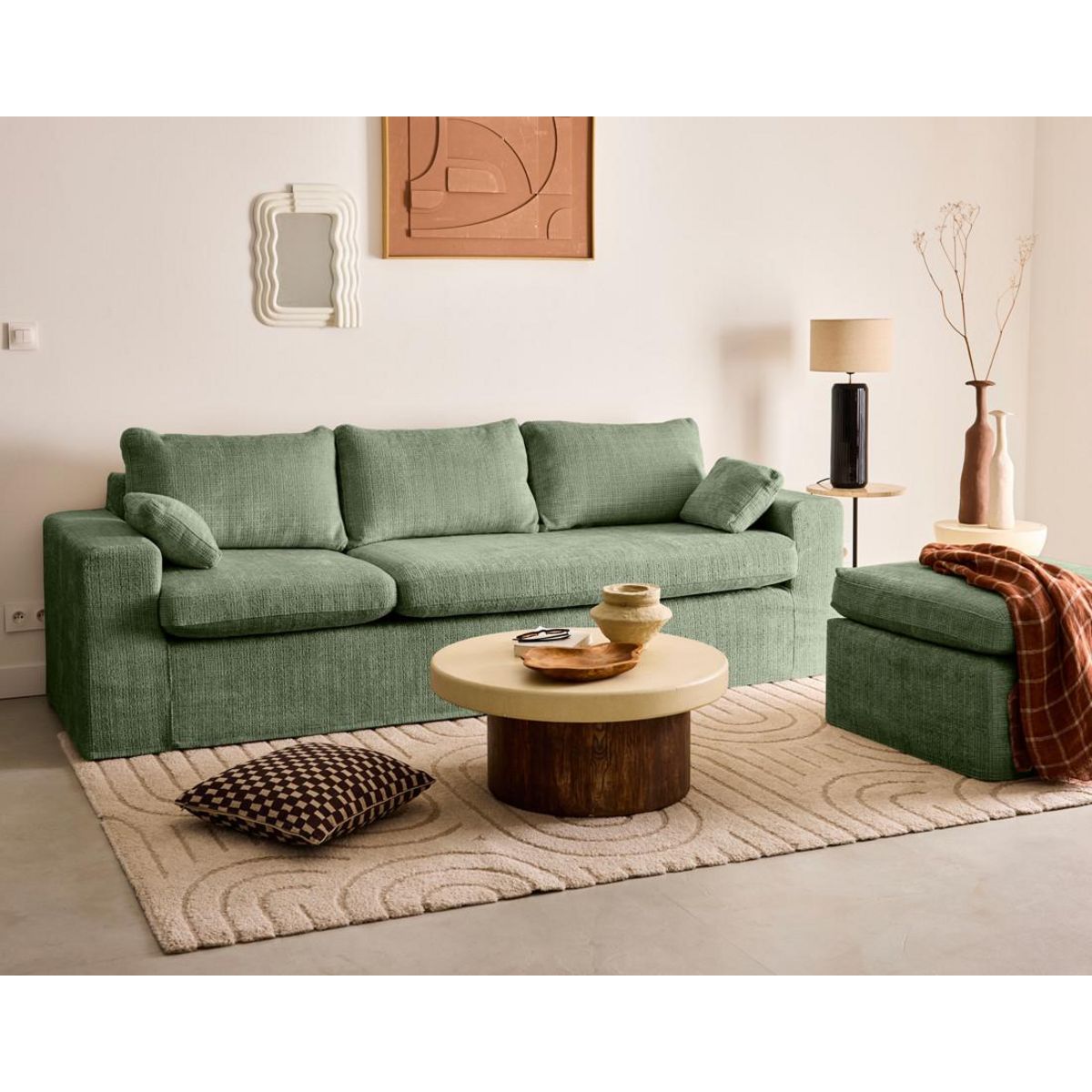 LISA DESIGN Calgary - canapé d'angle déhoussable et modulable 3 places + 1 pouf en velours texturé