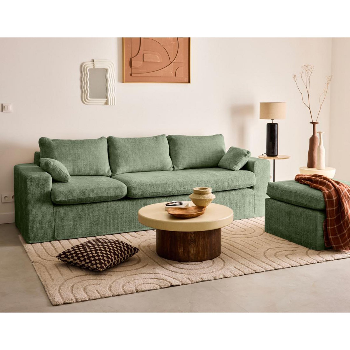 LISA DESIGN Calgary - canapé d'angle déhoussable et modulable 3 places + 1 pouf en velours texturé