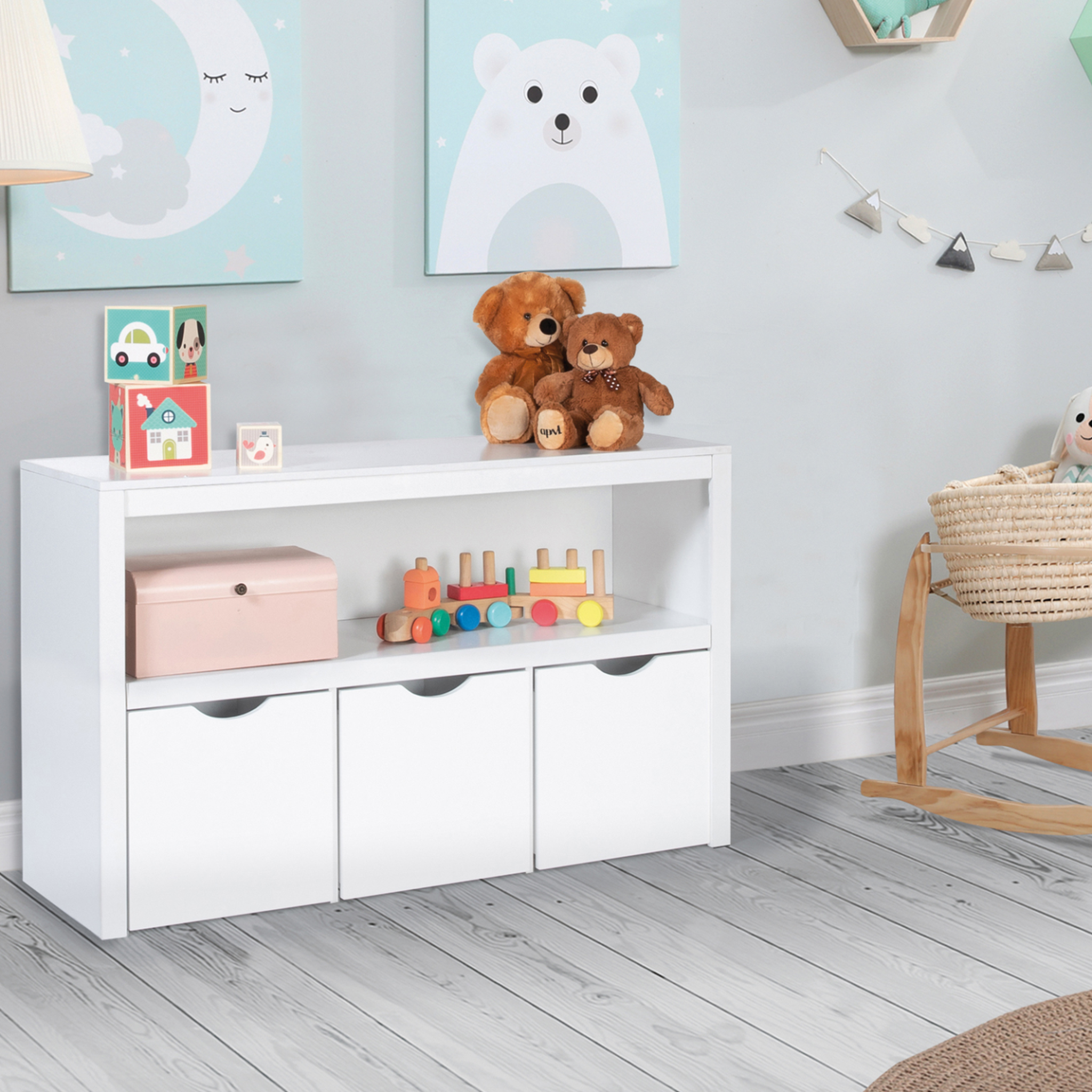 Voir la diapositive 4 : ID MARKET Meuble de rangement enfant mana en bois blanc 3 tiroirs cubes sur roulettes