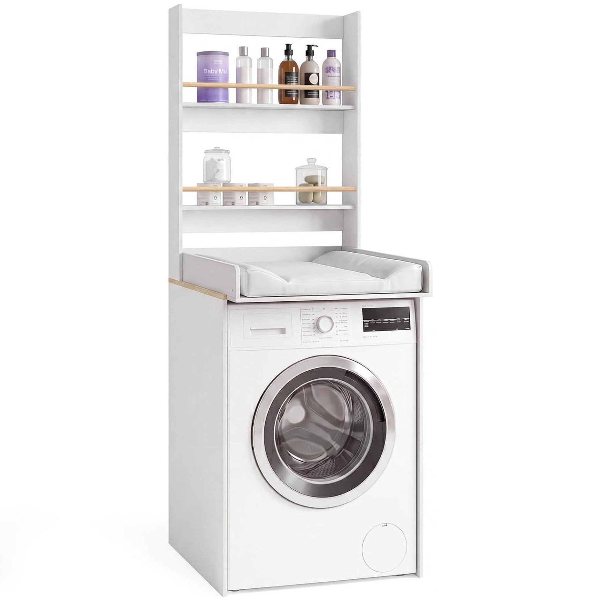 ID MARKET Table à langer évolutive AMBRE dessus machine à laver façon hêtre et blanc 2 étagères et plan à langer amovible
