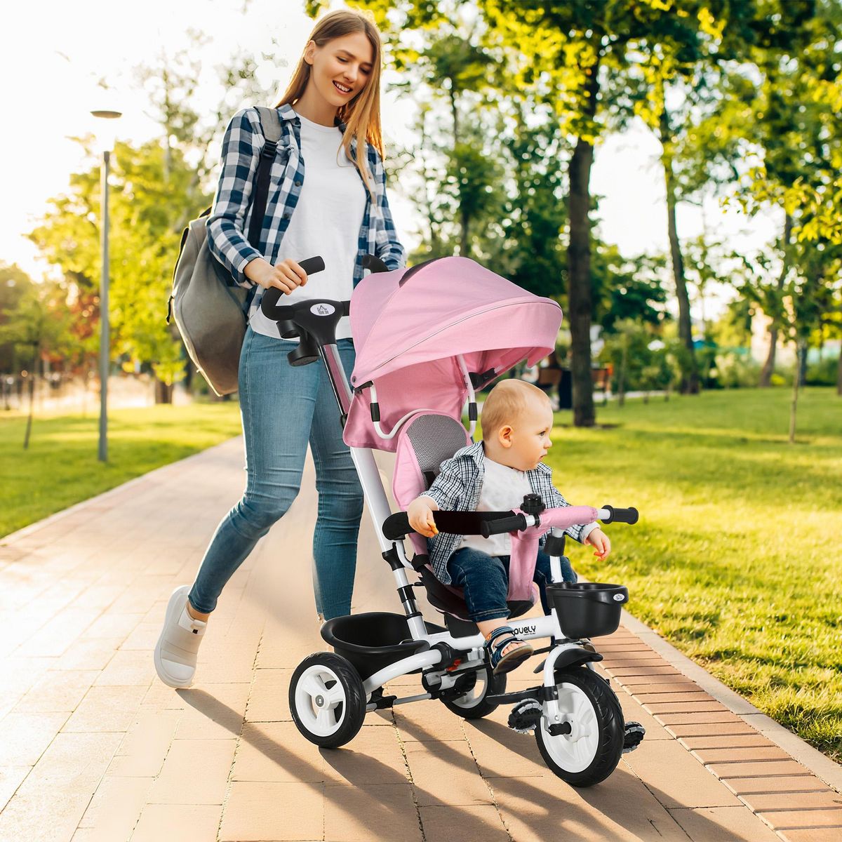 HOMCOM Tricycle enfant évolutif pliable pare-soleil canne télescopique amovible siège réversible rose