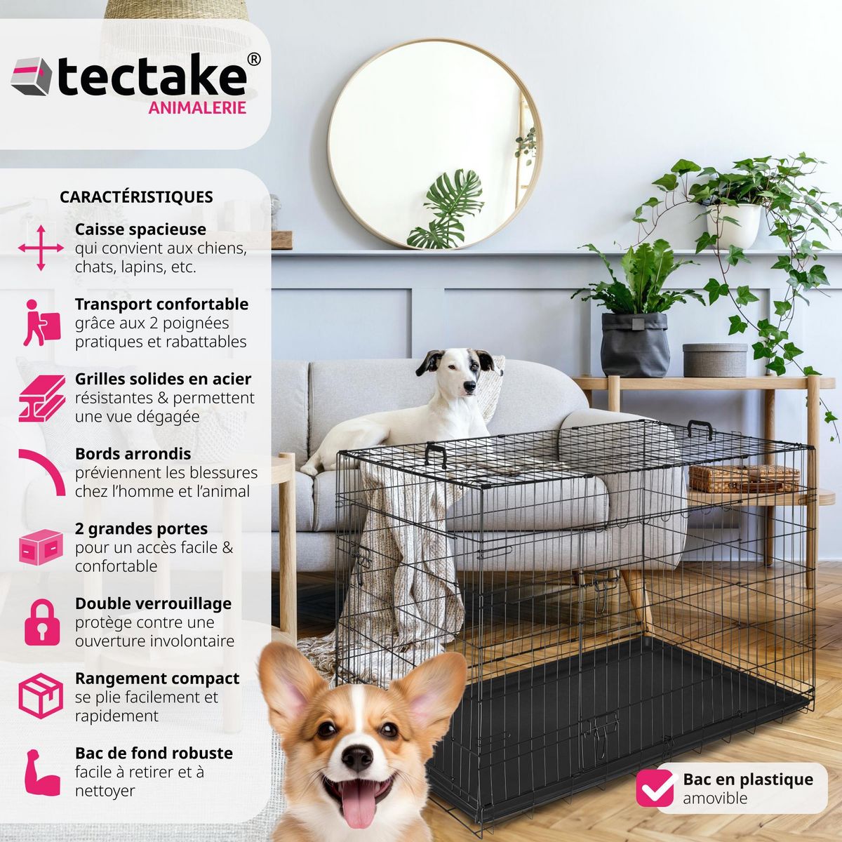 tectake Caisse grillagée pour chien pliable avec 2 poignées de transport noir