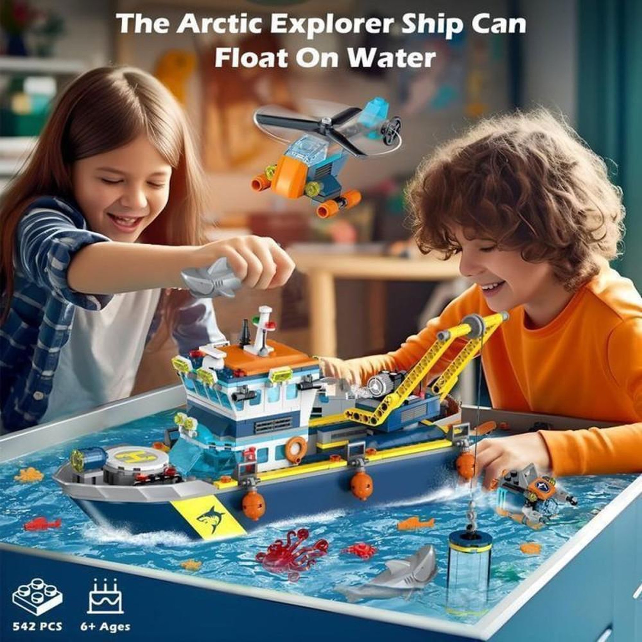 Voir la diapositive 3 : Ensemble de construction CD/LED HOGOKIDS Arctic Exploration : bateau d'exploration flottant, 542 pièces, grue, cage à requins, sous-marin et hélicoptère