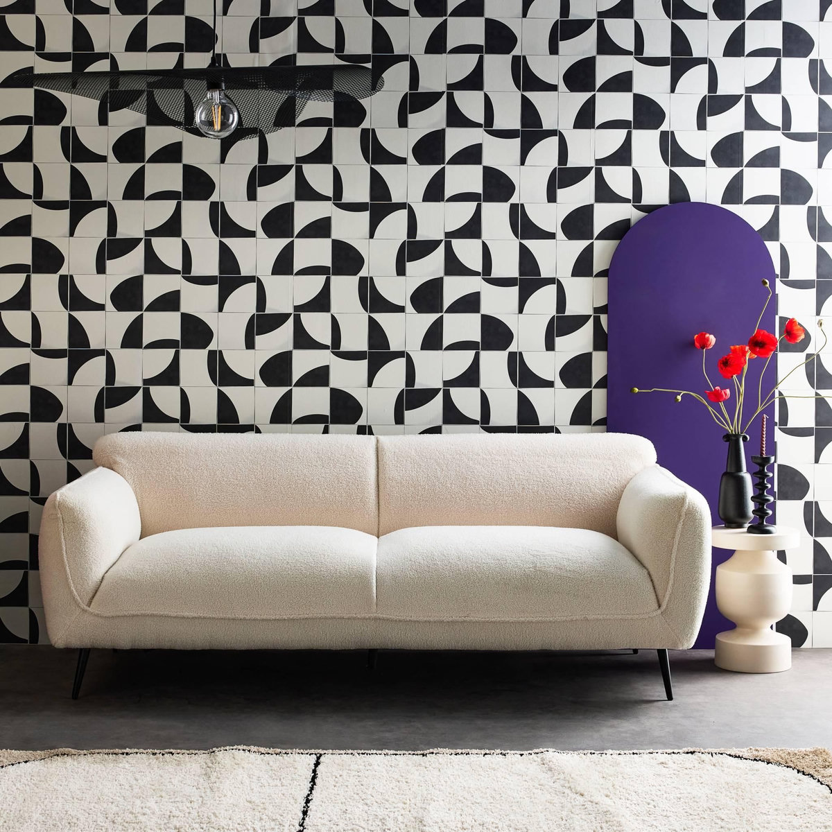 SWEEEK Canapé 3 places tissu bouclette crème et pieds métal noir