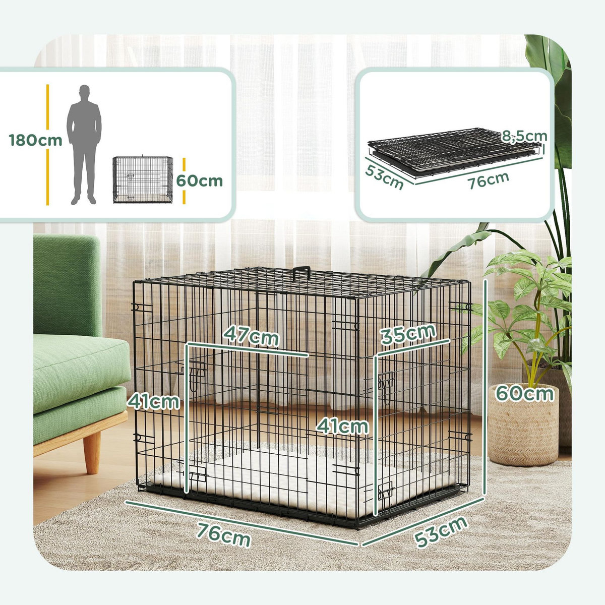 PAWHUT Cage chien pliable - 2 portes verrouillables, plateau amovible, coussin - 76 x 53 x 60 cm - beige noir