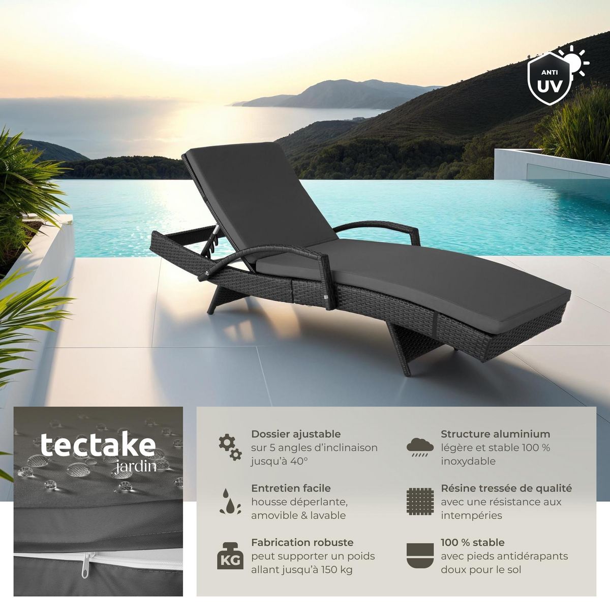 tectake Bain de soleil en rotin avec cadre en aluminium noir