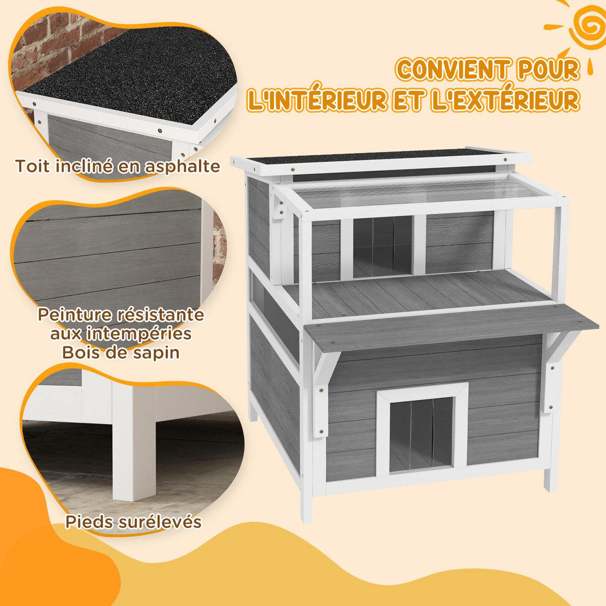 PAWHUT Maison niche chat sur pied - 2 niveaux, 2 portes, terrasse abritée, fenêtre - bois gris blanc