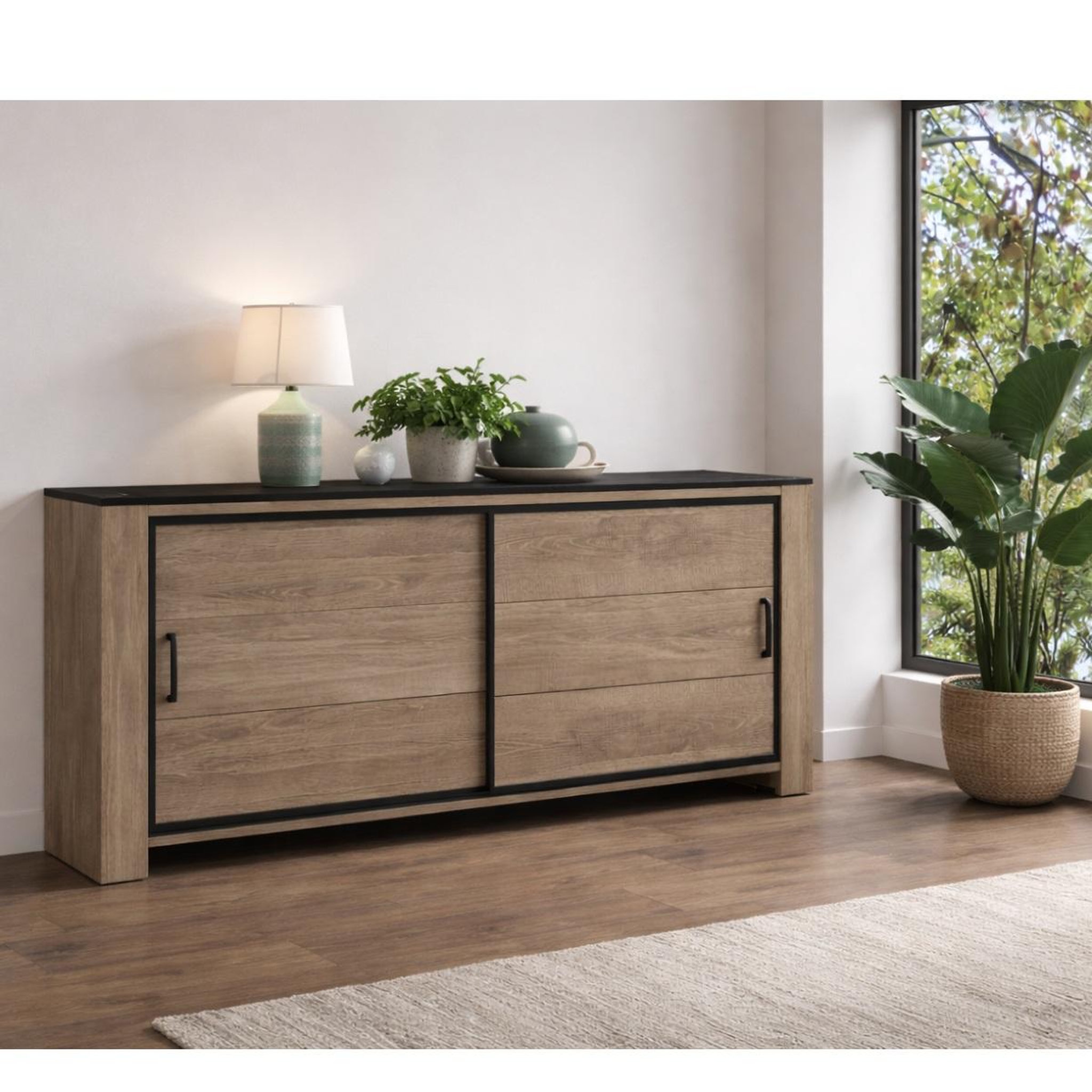 Voir la diapositive 2 : JLC KREATION Buffet bas moderne en bois avec portes coulissantes OLIVE