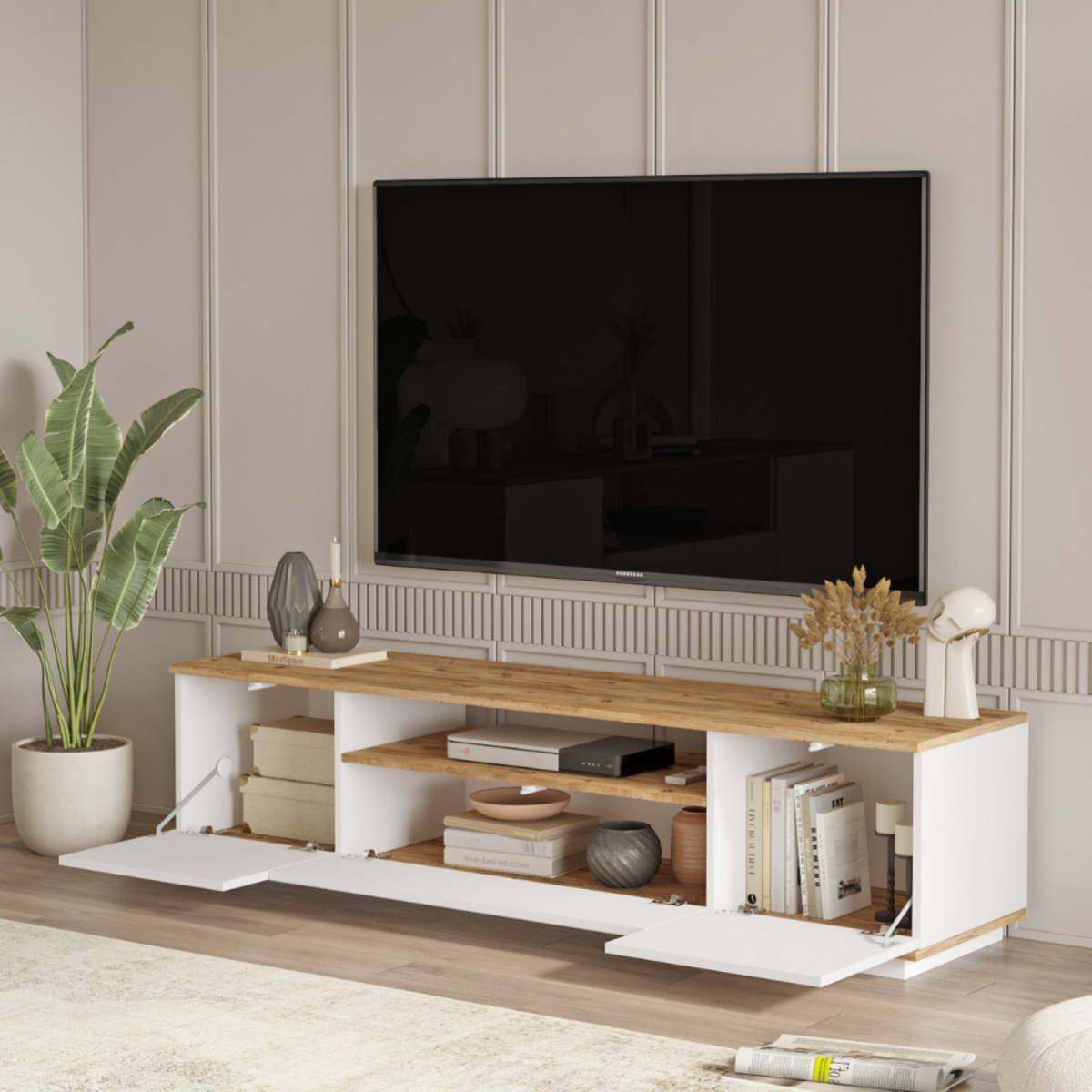 CONCEPT USINE Meuble TV blanc et bois 180cm TYRO