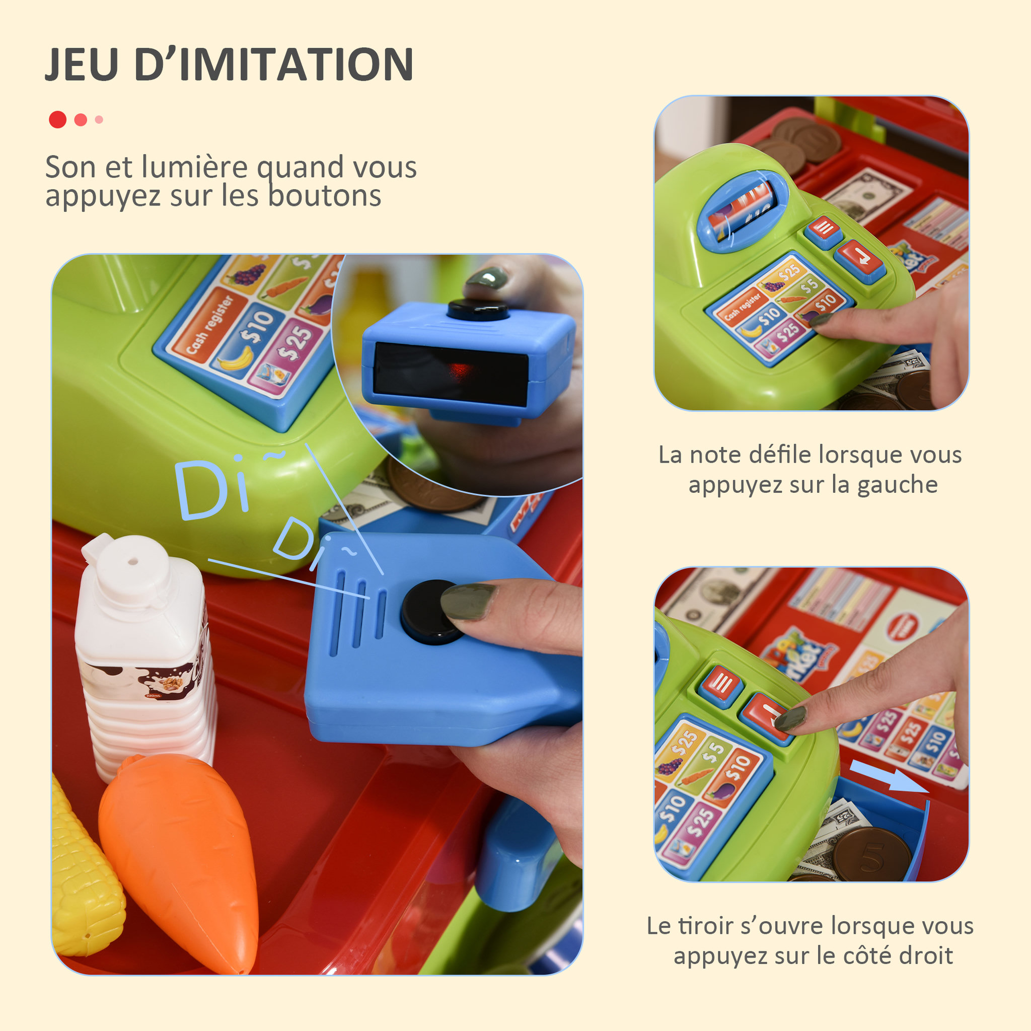 Voir la diapositive 6 : HOMCOM Jeu d'imitation commerçant jeu de la marchande caddie + caisse enregistreuse et 45 accessoires inclus effets lumineux sonores