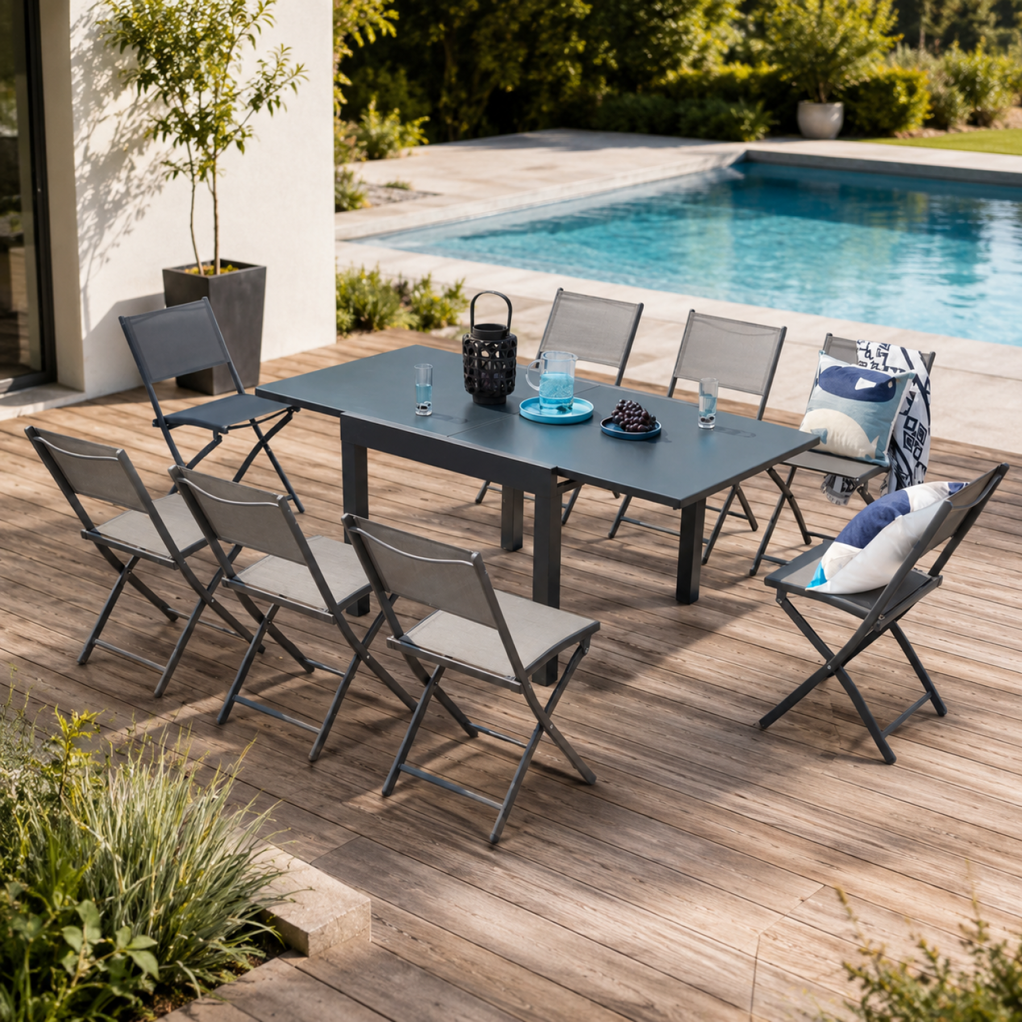 Voir la diapositive 2 : CONCEPT USINE Salon de jardin 8 places en aluminium gris foncé cualica