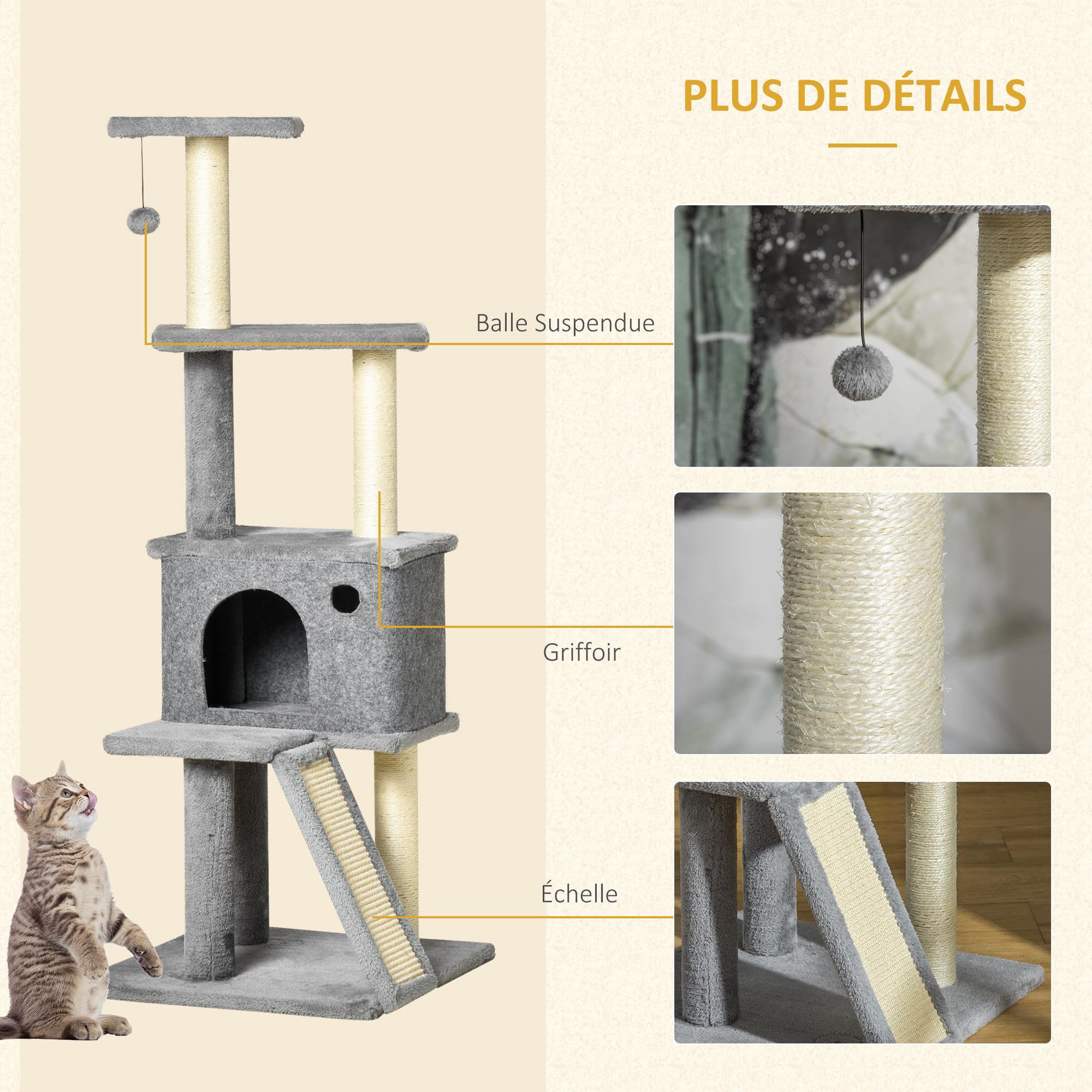 Voir la diapositive 6 : PAWHUT Arbre à chat centre d'activités multi-équipé griffoirs grattoir jeu boule suspendue niche housse amovible plateformes gris