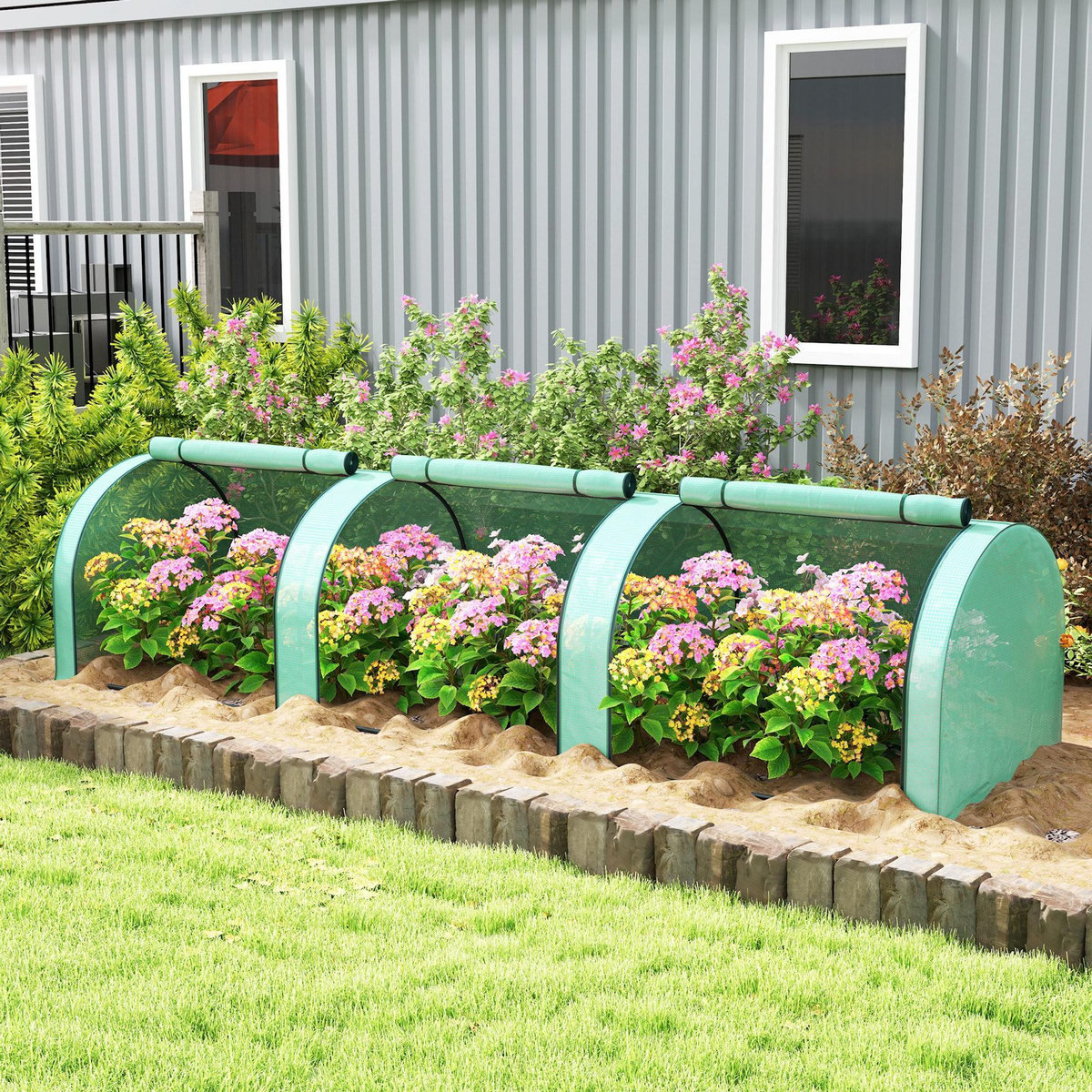 OUTSUNNY Serre tunnel 3 fenêtres enroulables acier PE vert
