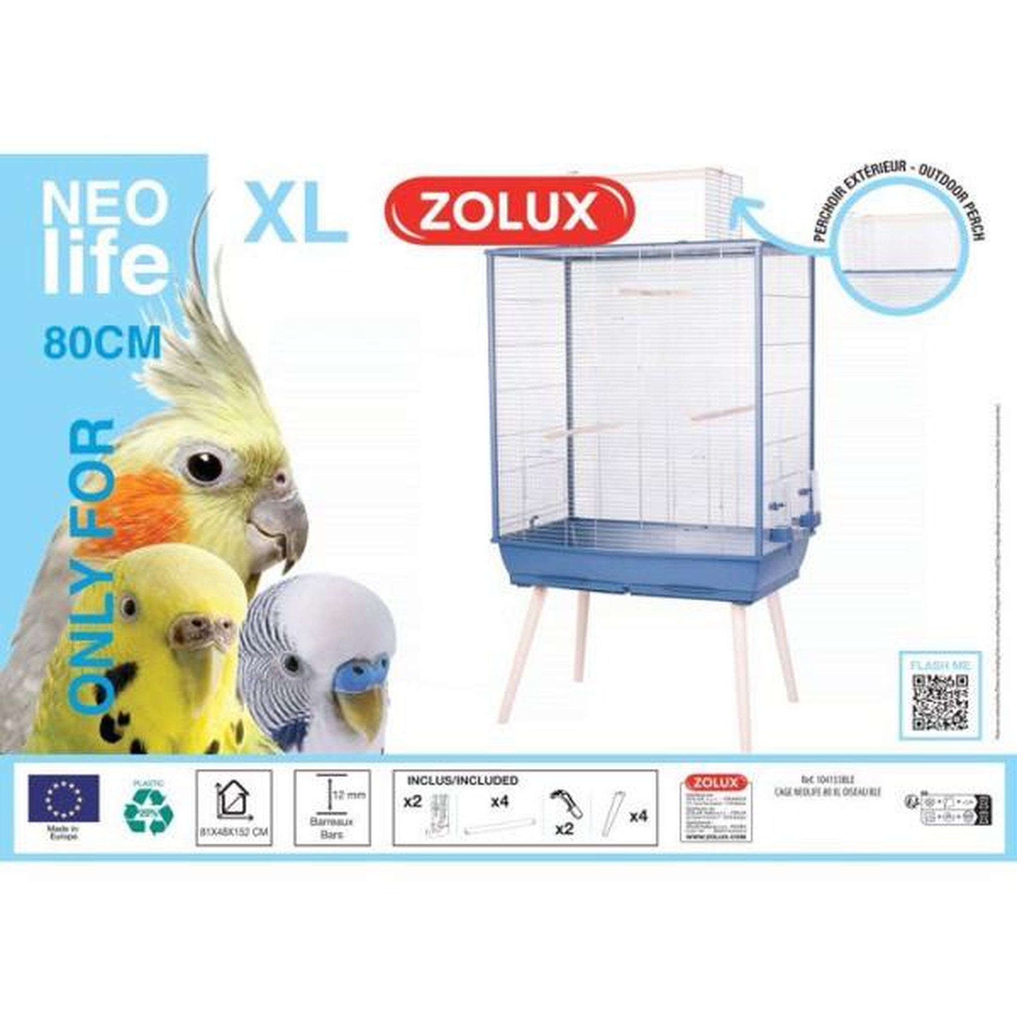 Voir la diapositive 2 : Zolux ZOLUX Cage grillagée surélevée pour oiseau Néolife - Pour perruche, calopsitte, canari - 81 x 48 x 152 cm - Néolife - Bleu